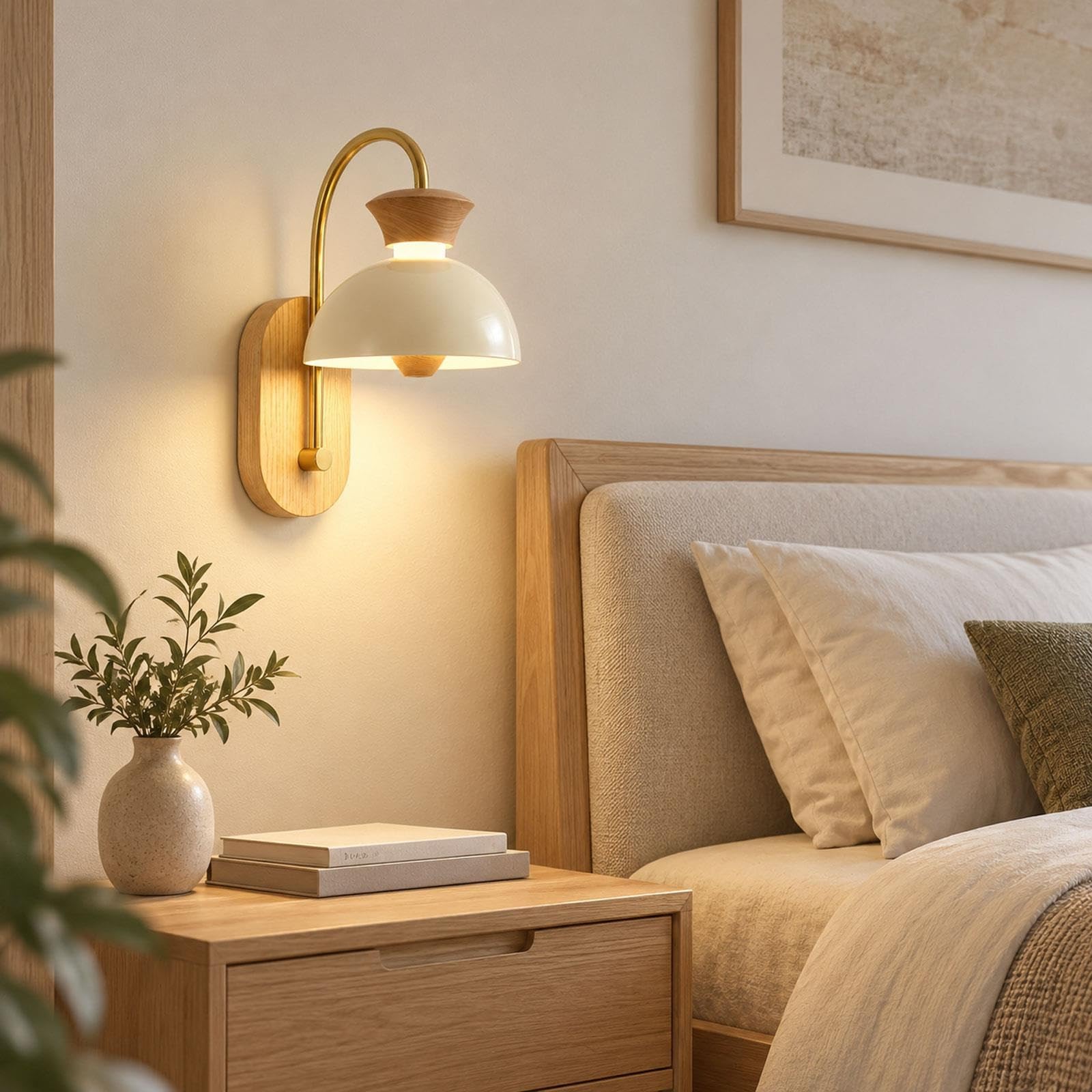 Lámpara pared hierro dormitorio, cúpula y placa trasera madera