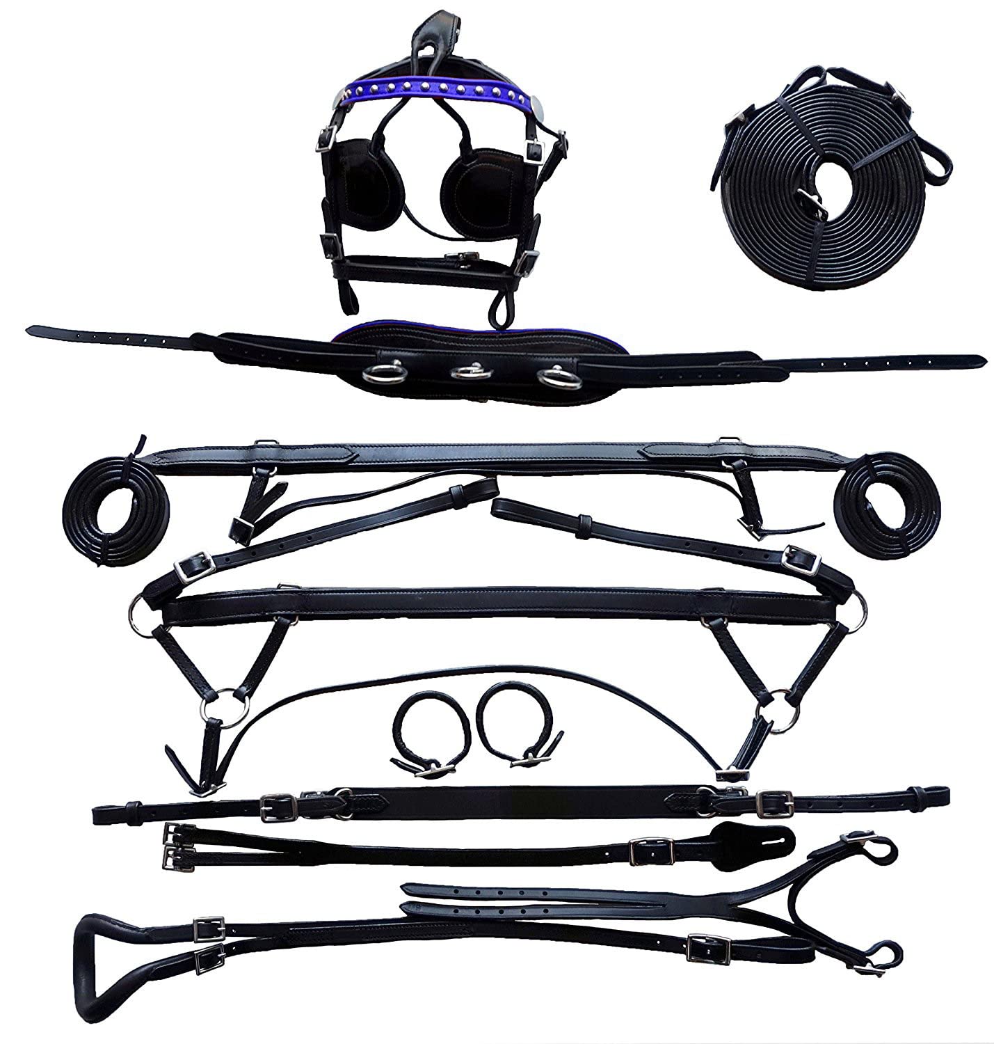 Equitem Black Leather Pony Size Driving Show Training Cart Harness with Blue Trim