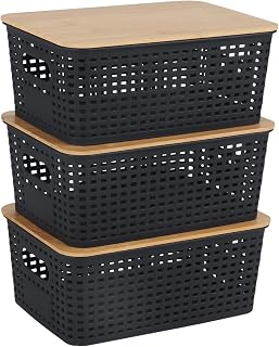 Relaxdays Aufbewahrungsbox, 3er Set, mit Deckel, schwarz