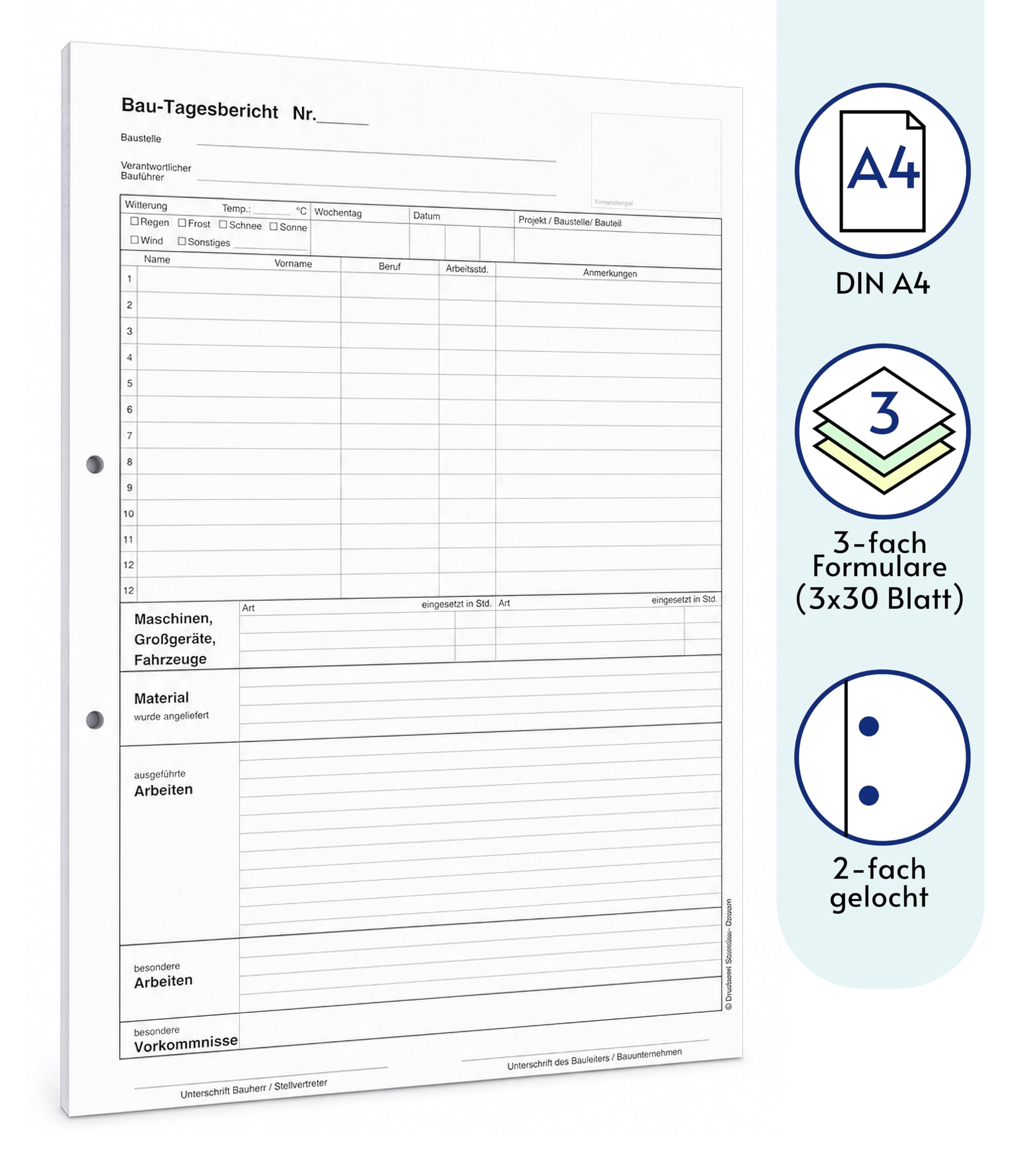 10x Bau-Tagesbericht, Baubericht Bautagebuch Regiebericht-Bau DIN A4, 3-fach selbstdurchschreibend, 3x30 Blatt weiß/grün/gelb - gelocht (22205)