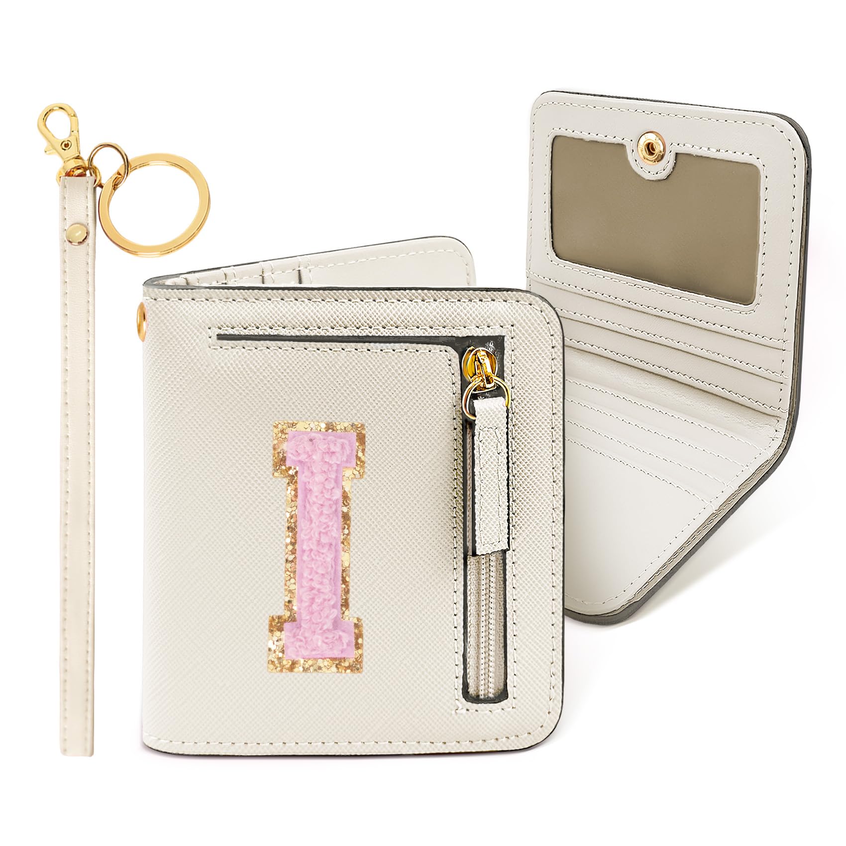 COSHAYSOO Preppy Wallet Gifts for Teen Girls Women Small Wallet RFID Bifold PU Leather Christmas Valentines Easter Mothers Fathers Day Nurse Appreciation Graduation Gifts Chenille Letter I Cream