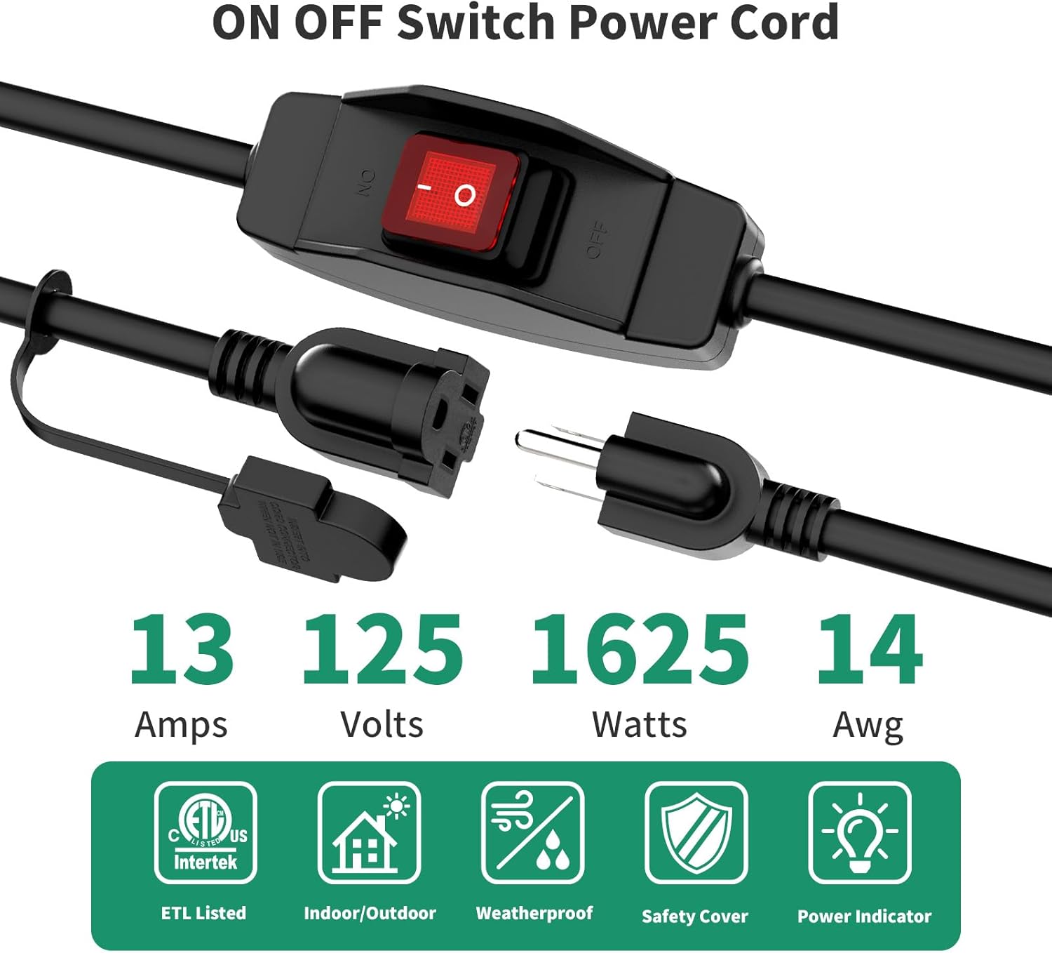 KASONIC 3 Prong Extension Cord with Switch, 1625W 13A Grounded Outlets with Safety Cover, 14/3 SJTW Cable On Off Waterproof Switch for Indoor Outdoor Use (100 FT)
