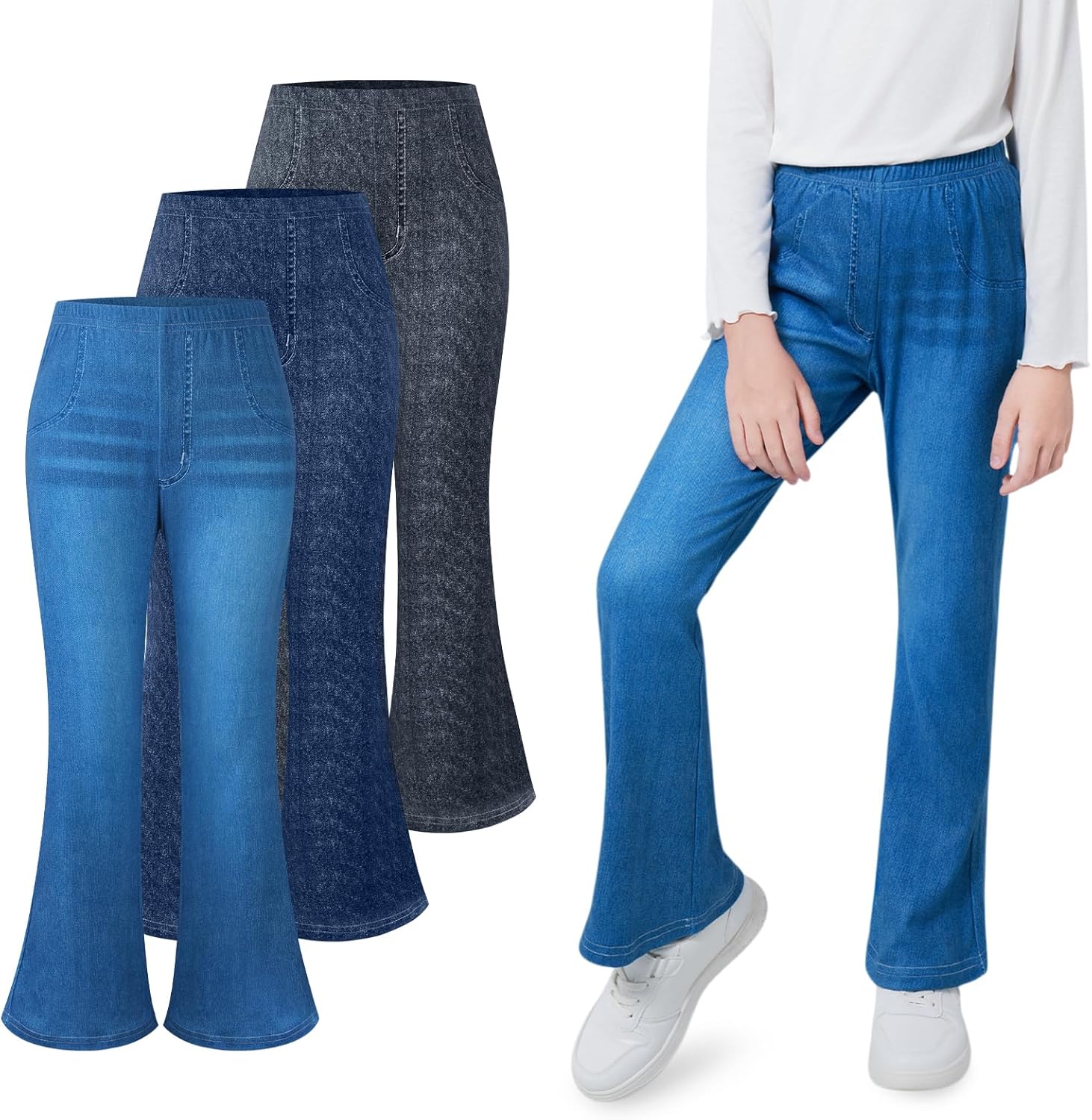 Weixinbuy 3 Pack Girls Leggings Imitation Denim Print Leggings for Kids Bell Bottoms Pants Girl’s Stretchy Flared Pants