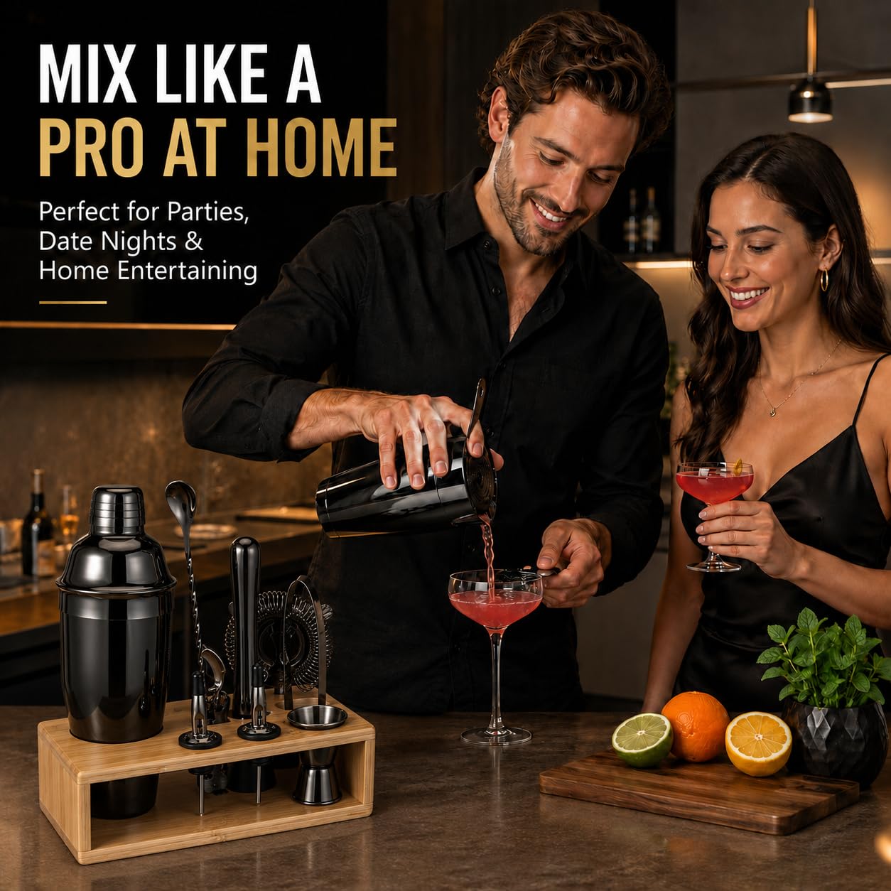 Black Cocktail Shaker Set, Premium 18/8 Stainless Steel Mixology Bartender Kit with Stylish Bamboo Stand 10-Piece Bar Tools & Accessories for Home Bar for Men, Dad, Husband view 7
