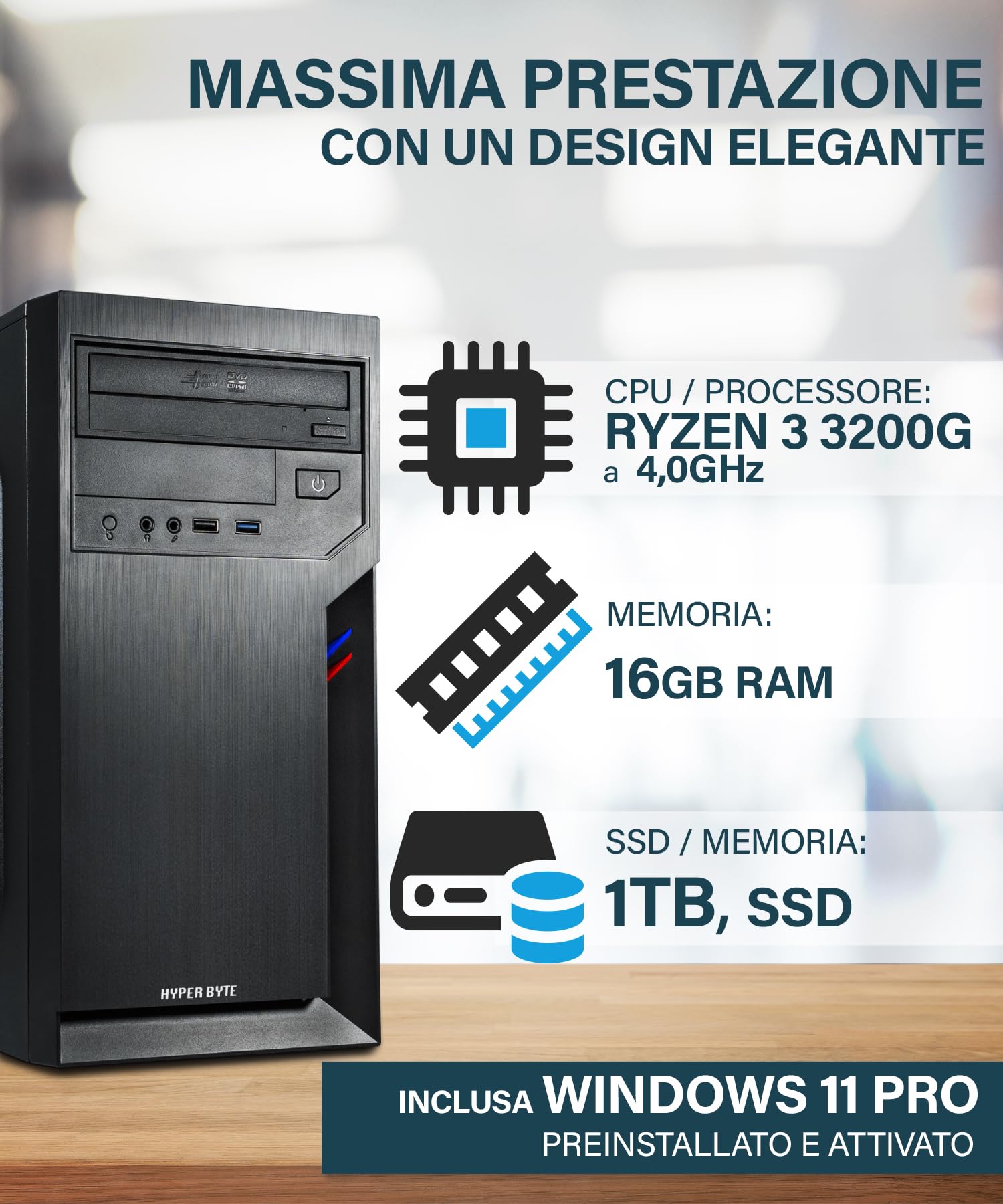 PC Desktop AMD Ryzen 3 16GB 1TB SSD Win 11 - Dettaglio