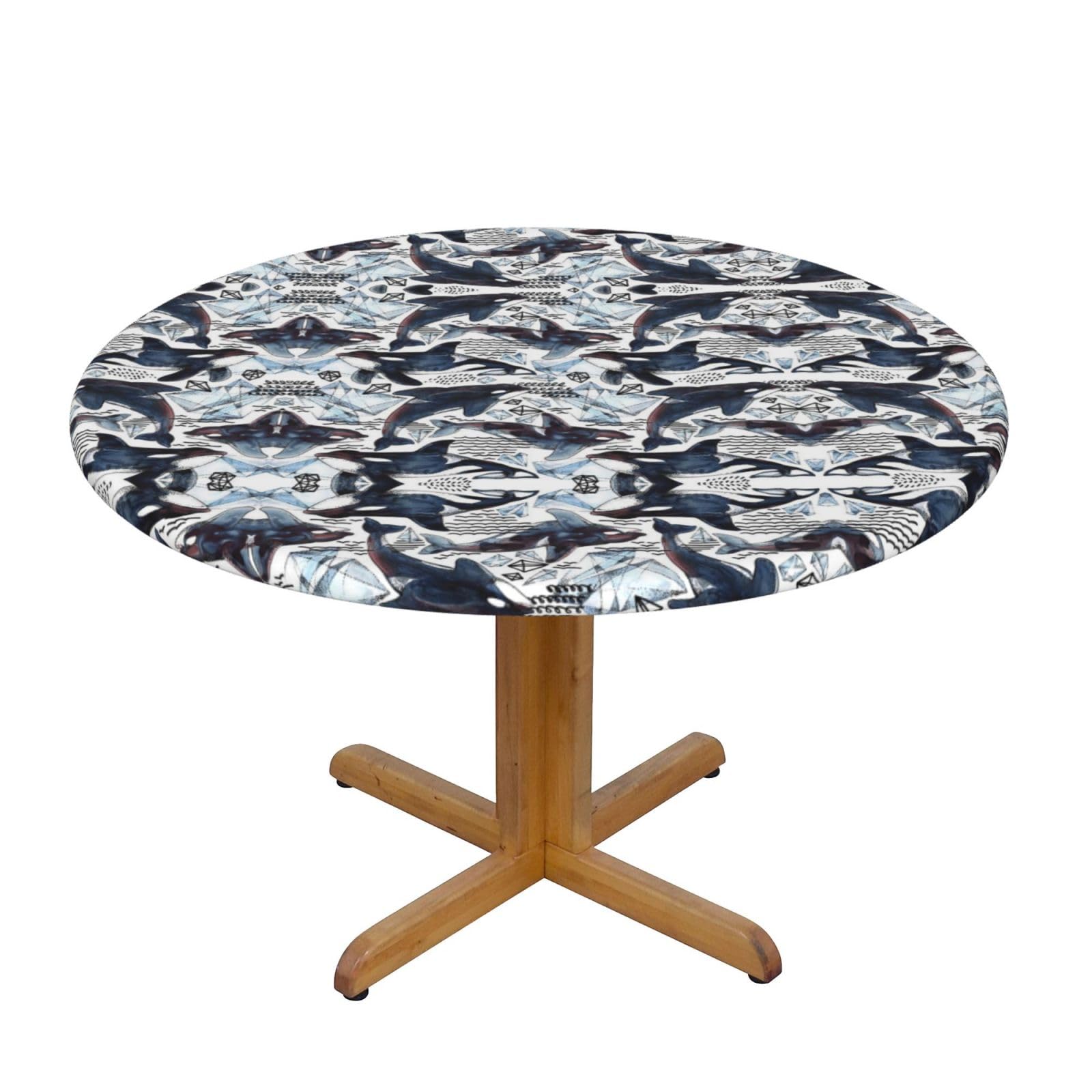 ESNAIUVCD Killer Whale print Waterproof Round Tablecloth,Outdoor Table Cloth with Elastic Edged, Elastic Tablecloth Wipeable, Garden Table Cloth Suitable for sizes 90cm-140cm