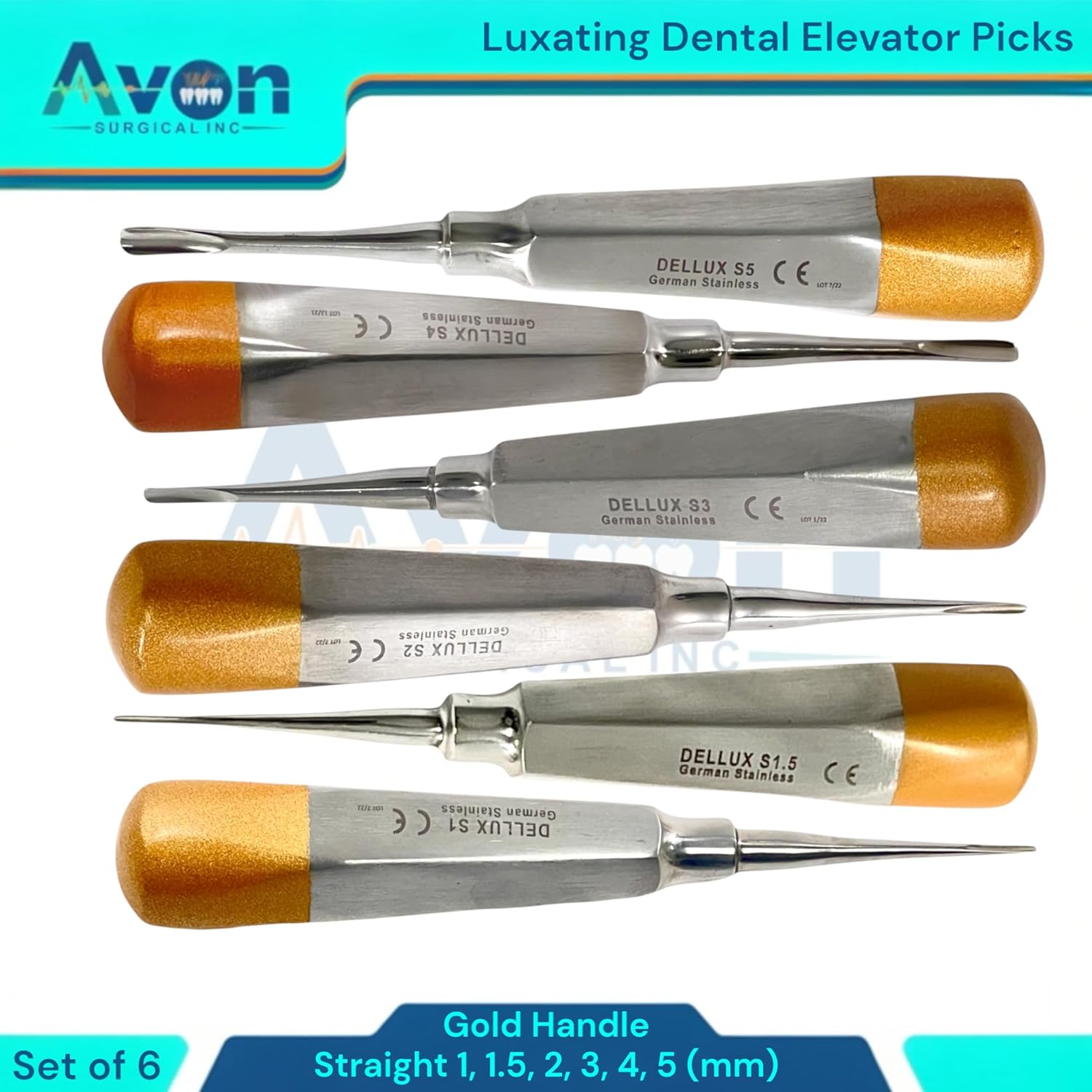 Set of 6pcs Apical Root Tooth Extraction Elevators 1mm, 1.5mm, 2mm, 3mm, 4mm, 5mm (Straight Tip) - Autoclave-Safe German Stainless Steel