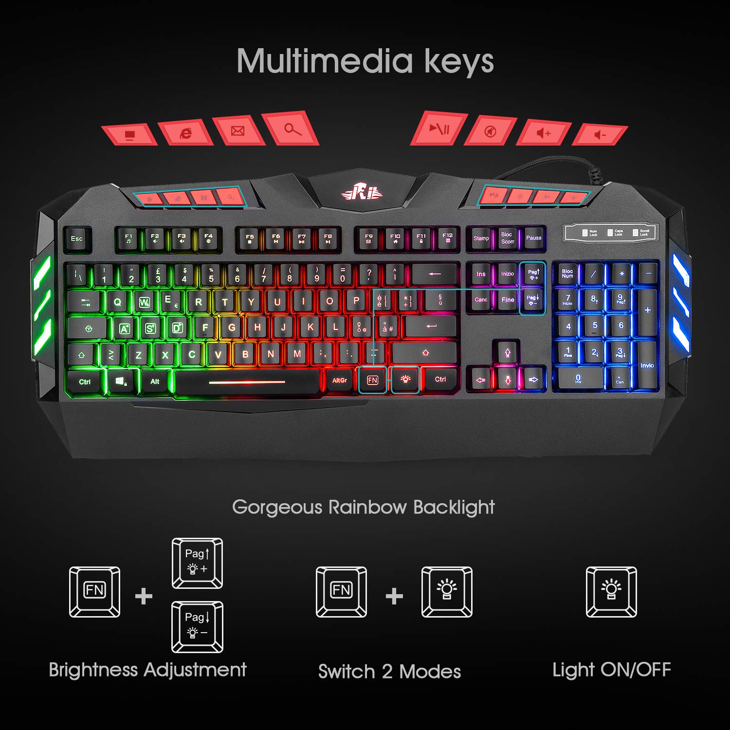 Rii Gaming RK900+ (Layout Italiano) - Set Tastiera con Anti-Ghosting e Mouse con Sensibilità Regolabile Fino a 2400 DPI (con retroilluminazione LED Arcobaleno)