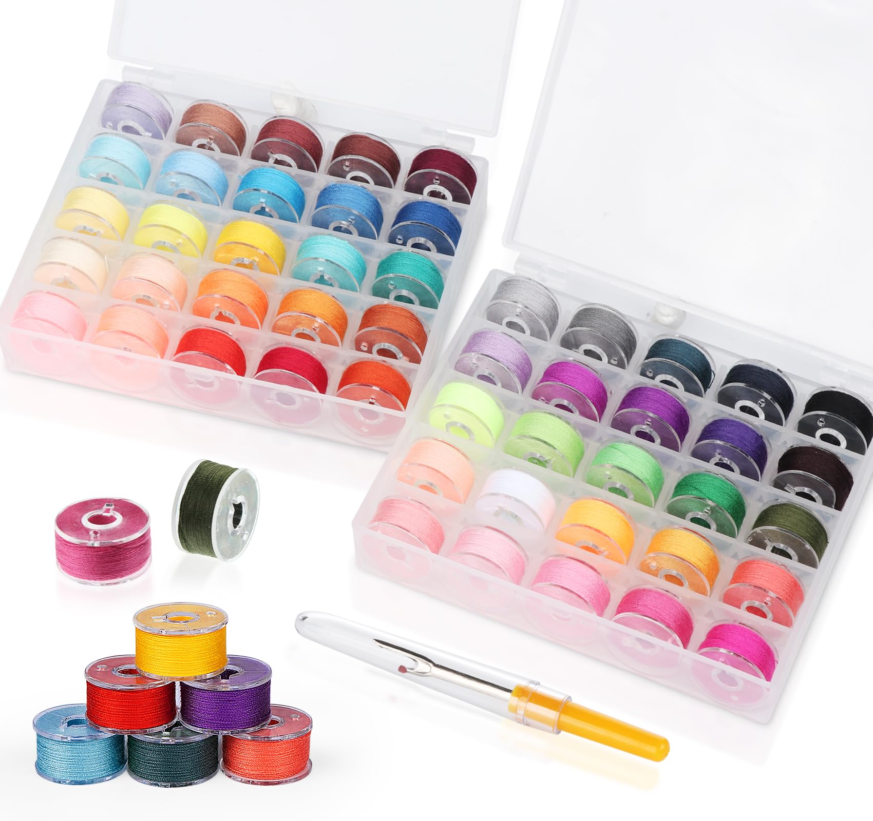 Hilo de bobina de 50 colores con caja de bobina, tamaño A clase 15 60 WT, hilo de bobina preenrollado para máquina de coser, hilo de poliéster compatible con máquina de bordar