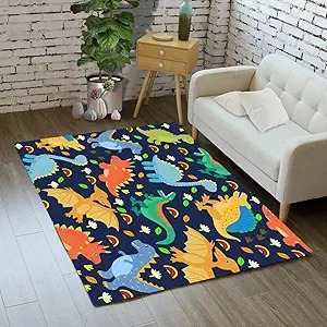 Lovely Navy Blue Dinosaurs Area Rugs Lovely Dinosaur Rugs for Boys Navy Blue Cute Animal Patterns Carpets Dinosaur Rugs for Boys Bedroom Living Dinning Room Bedroom Kitchen Playing Room, 2'5''×4'