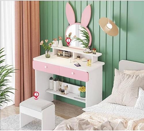 Miniatura 3 de Juego de tocador con espejo, tocador de maquillaje de princesa de madera con taburete, 2 cajones de almacenamiento y estante de exhibición, bonito