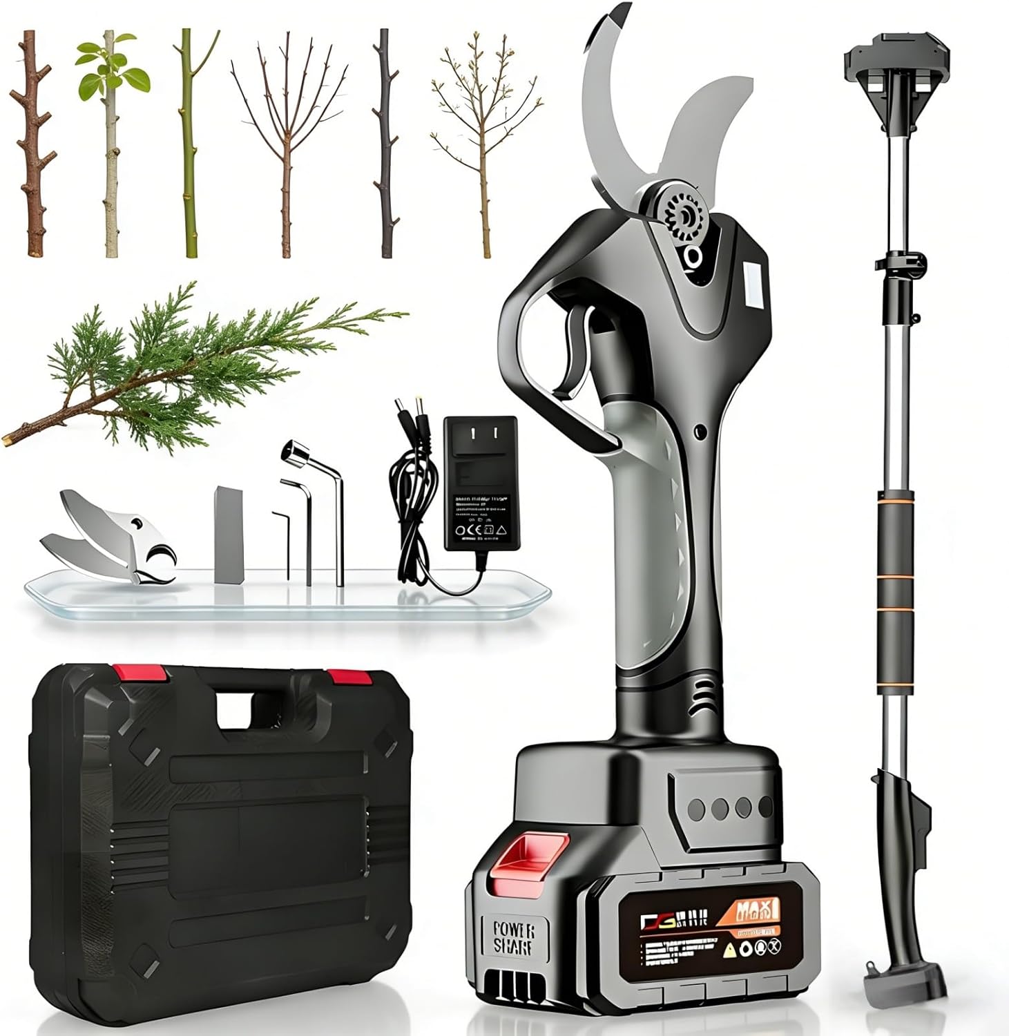 Cordless Pruner with Telescoping Pole, 1000W Electric Pruning Shears with 1.6 Inch Cutting Capacity, LCD Display, SK5 Blades, Tree Trimming Tools for Gardeners and Landscape Use(2Battery)