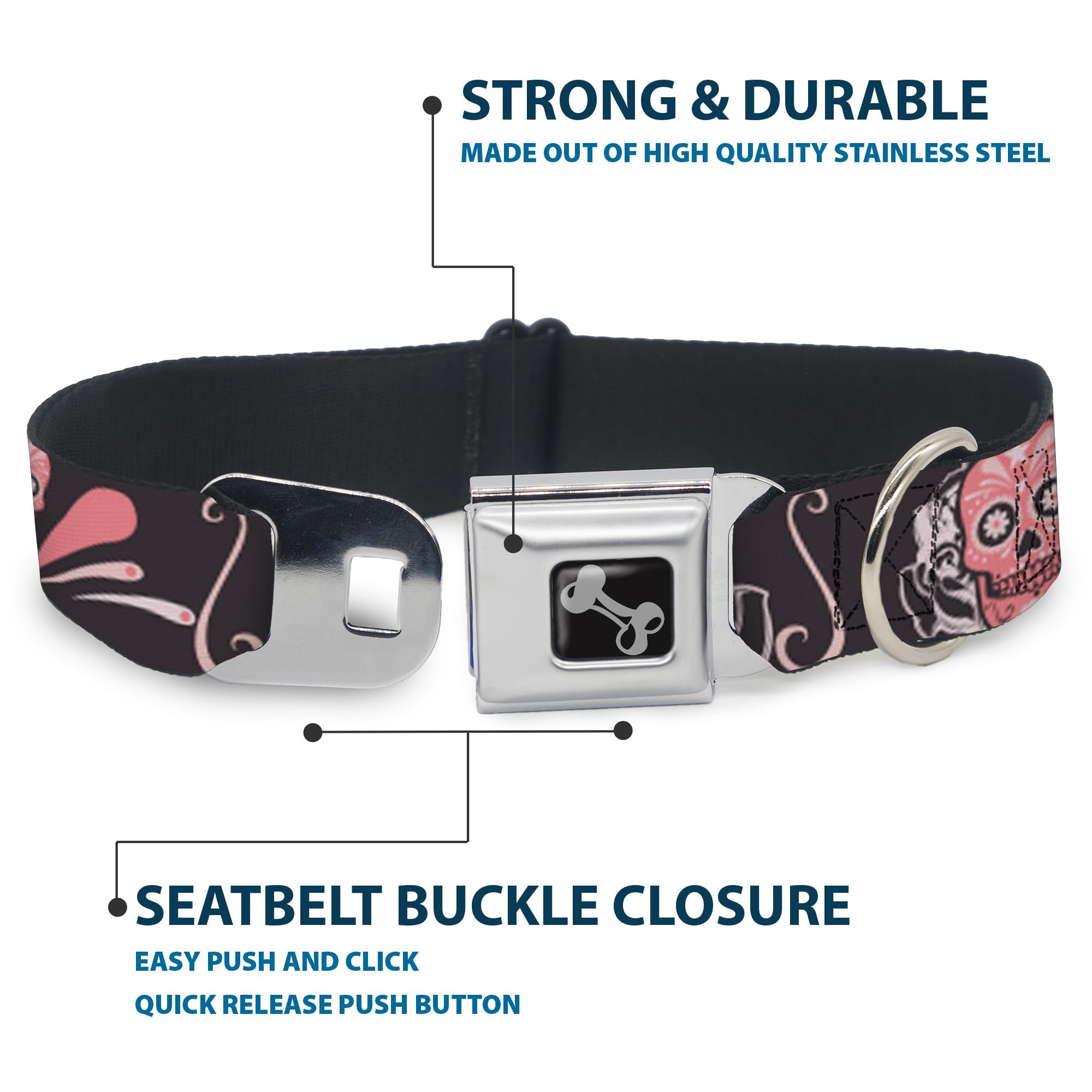 Buckle-Down Obroża dla psa z klamrą pasa bezpieczeństwa - cukrowe czaszki szaro-różowe - szerokość 3,8 cm - pasuje na szyję 33-45 cm - S