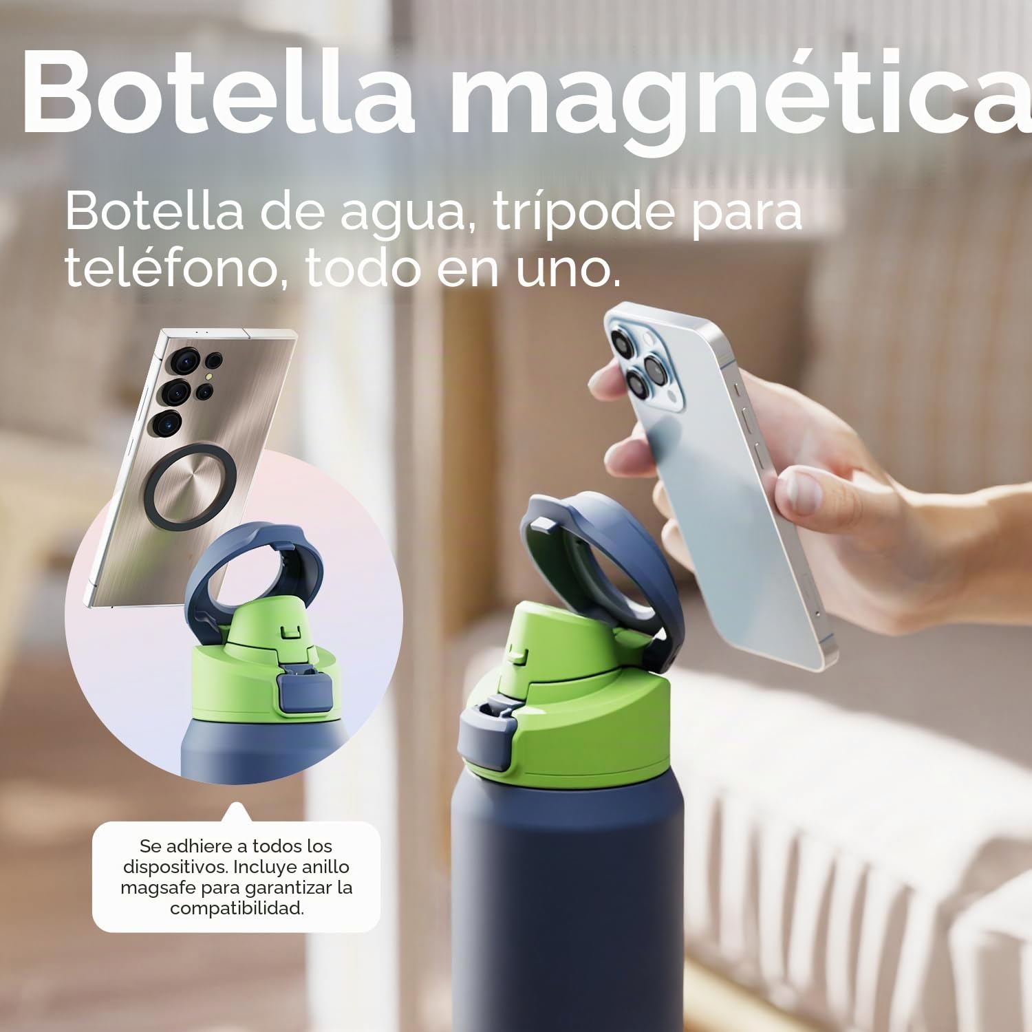 magcheer Botella Magnetica 1L con Soporte Movil | Trípode Multi-ángulos | Sin BPA y A Prueba de Fugas | Botella Termica Frío 24h para Viajes y Selfies de Gym(Azul Oscuro)