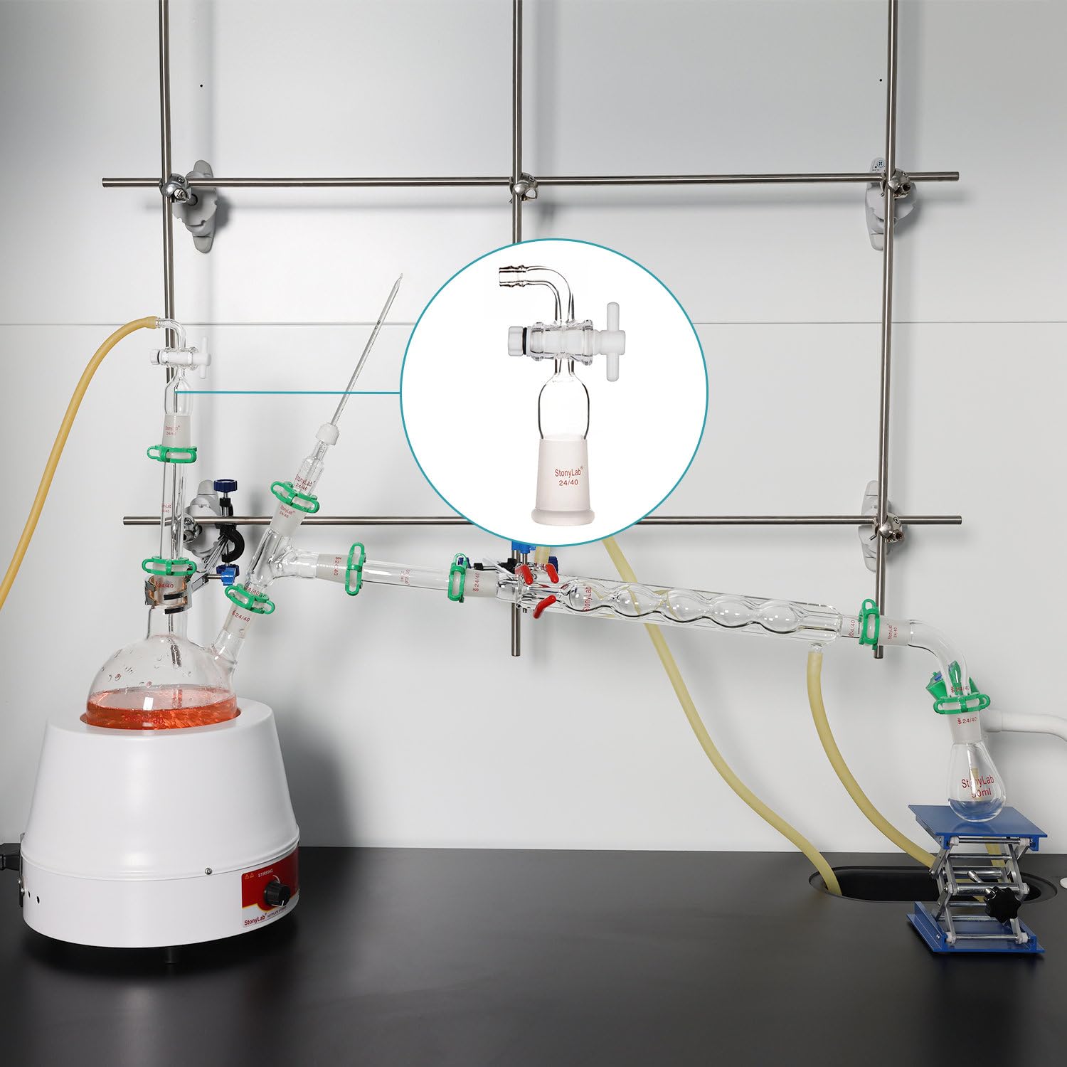 stonylab Adaptateur de Contrôle de Débit de Vide, Adaptateur en Verrerie avec Robinet D'arrêt en PTFE et Raccord de Tuyau Coudé, Adaptateur de Joint Extérieur Standard 14/20 pour Laboratoire Chimie