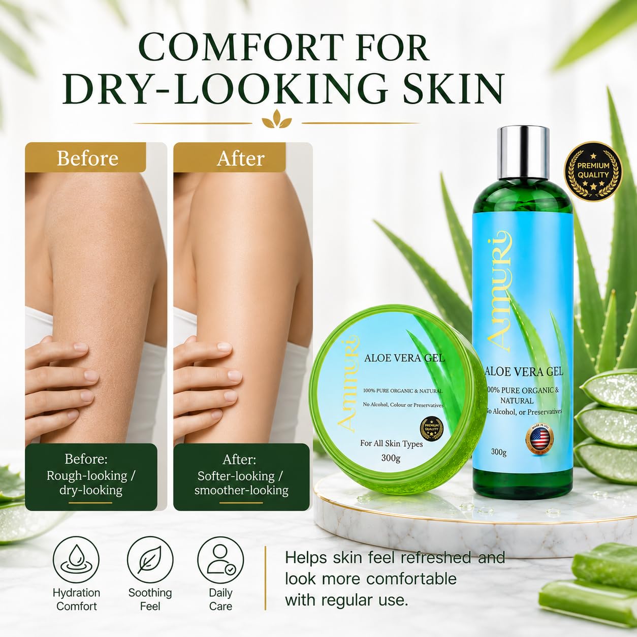 Ammuri Organiczny zestaw żelów aloesowych, 2 sztuki, butelka i słoik 300 ml, 100% czysty aloes, do pielęgnacji skóry i włosów, nieprzylepny i szybko wchłaniający się, wielofunkcyjne nawilżanie