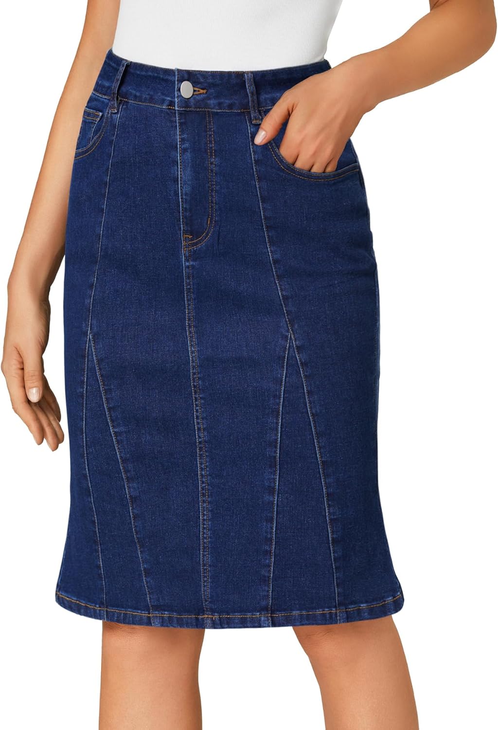 LYANER Women's Denim High Waisted Knee Length Pencil Mermaid Stretch Jean Skirt