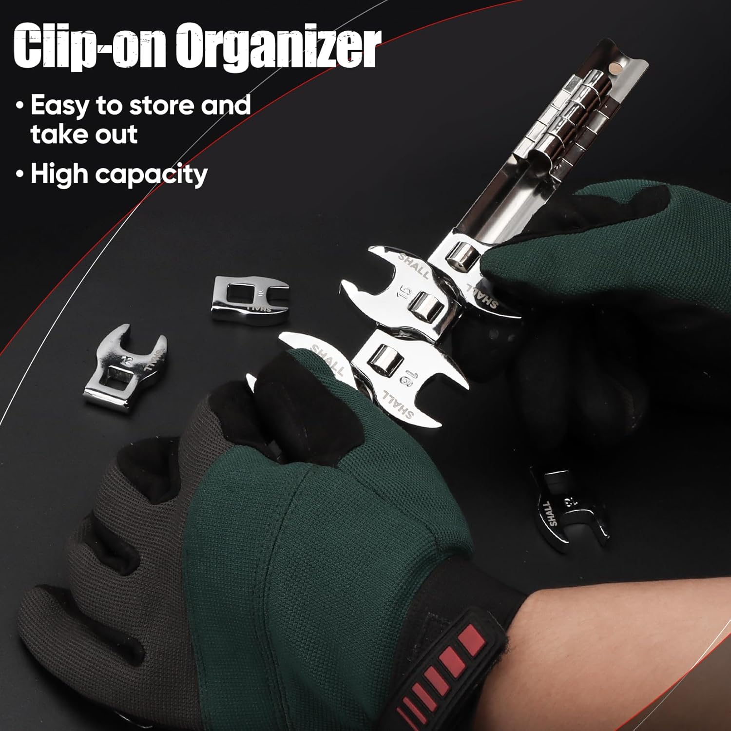 SHALL 3/8" Crows Foot Wrench Set, 11-Piece Metric Crowfoot Wrench Set with Clip-on Organizer, 10-22mm, Tools for Mechanics, Access Fasteners in Tight Spaces