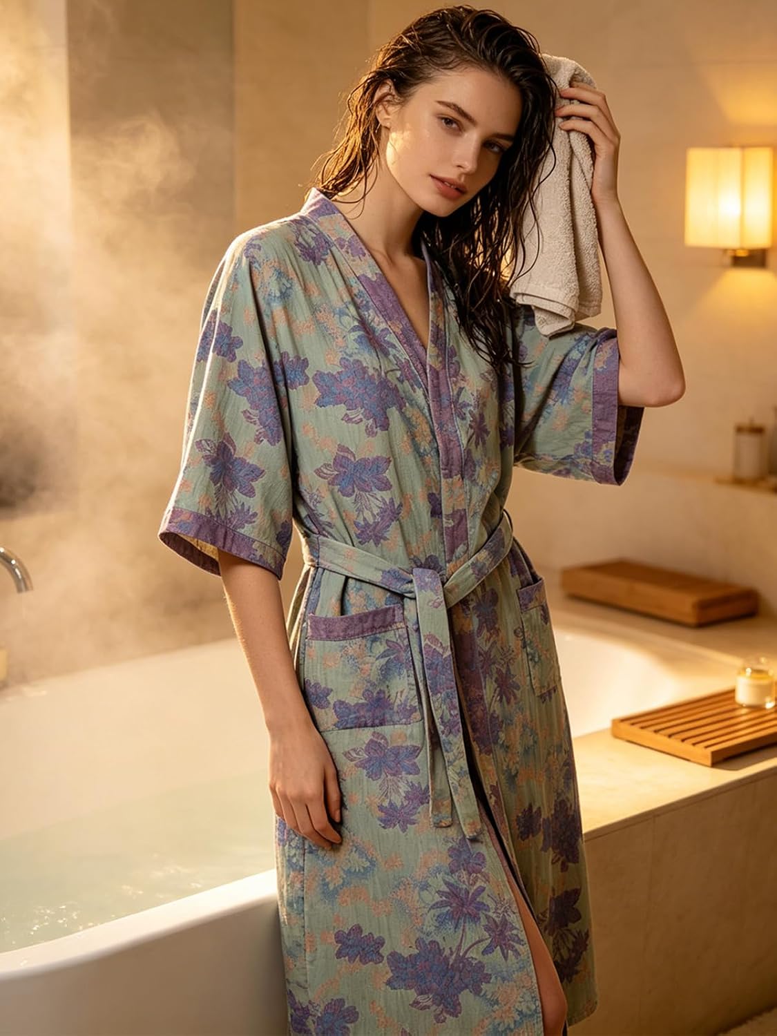 Women's Cotton Gauze Robe - Lightweight Kimono with Pockets | 100% Cotton Breathable, Lightweight, Practical Pocket, Detachable Belt, For Relaxing at Home, Getting Ready, Easy Cover Up