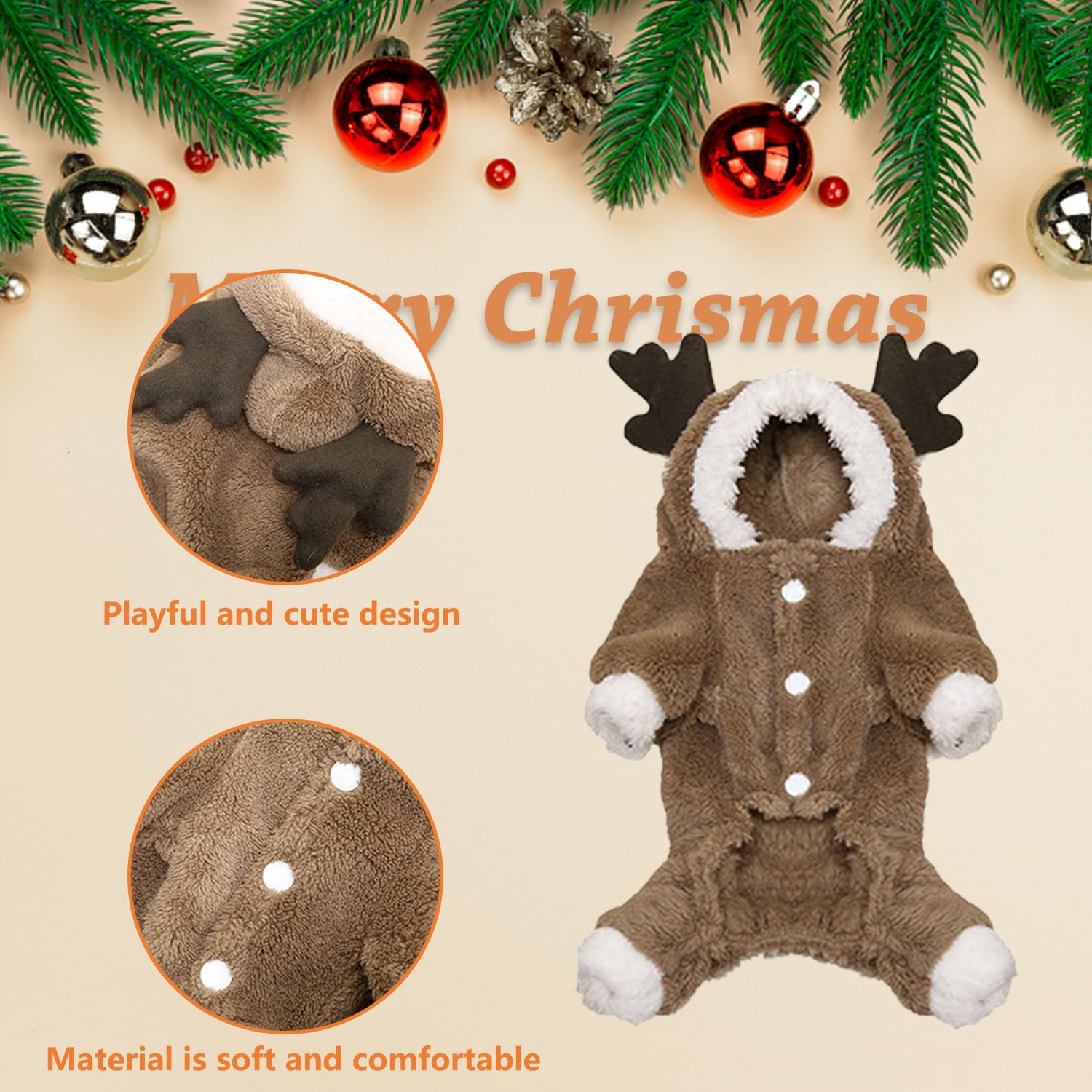 1-Piece Festive Moose-Themed Dog Outfit, Adorable Reindeer Christmas Costume for Small Breeds Like Teddy Yorkie & Chihuahua - Image 3
