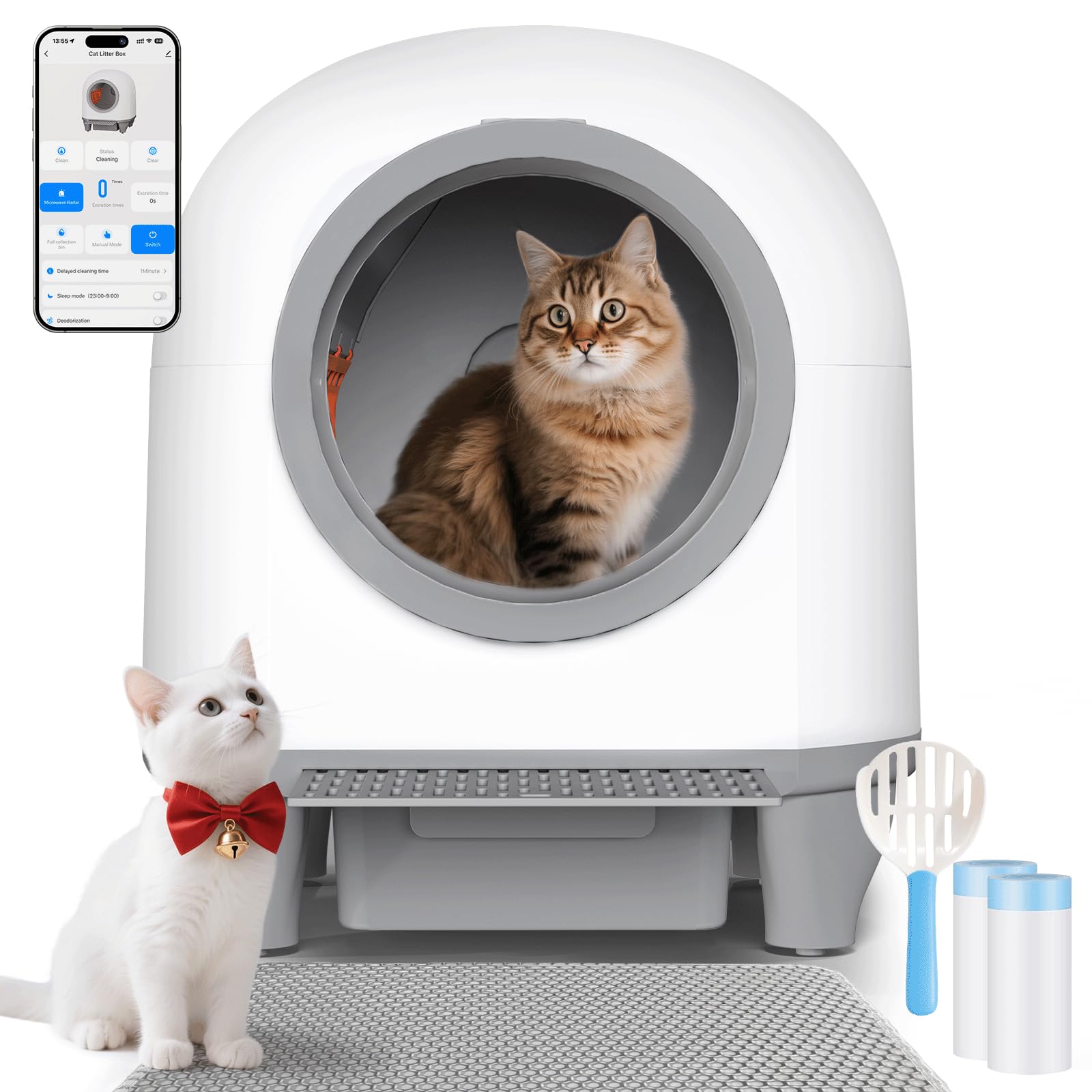 JUMMICO Lettiera Gatto Autopulente Antiodore， 90L lettiera autopulente per gatti xxl. Controllo APP cat litter box self cleaning con sensori, ingresso basso anti-intrappolamento/odore, per più gatti