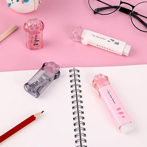 Miniatura 6 de Amaxiu 4 piezas de suministros escolares kawaii de pata de gato, 2 borradores de patas de gato y 2 sacapuntas de pata de gato retráctiles borradores