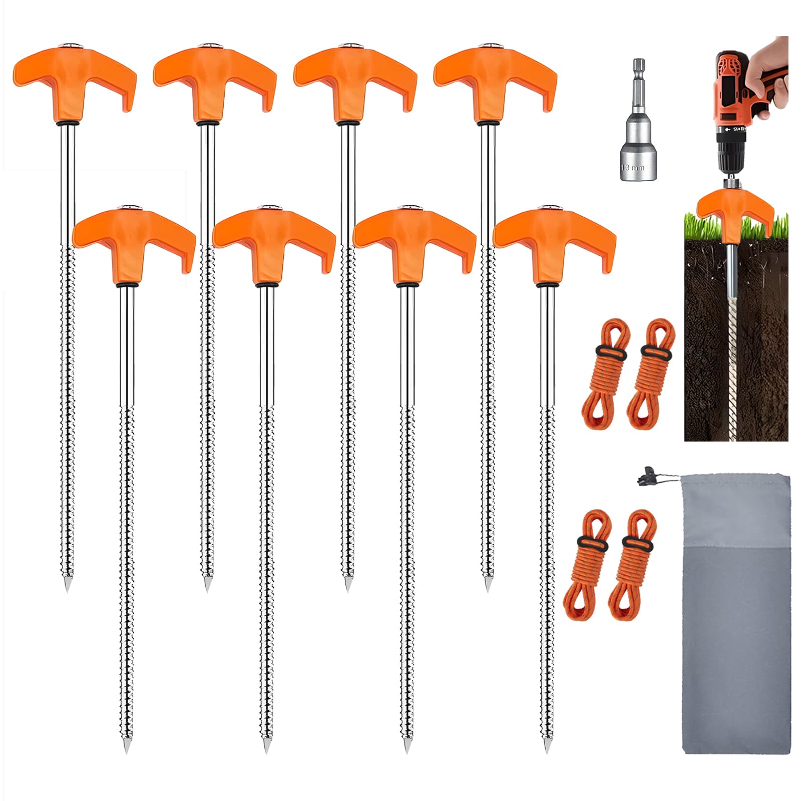 8” Screw in Tent Stakes,Drillable Tent Stakes Heavy Duty,Camping Tent Stake Screw with 13ft Rope, 13mm Hex Head Driver,Storage Bag for Outdoor,Camping,Dog Anchors (8, Orange)
