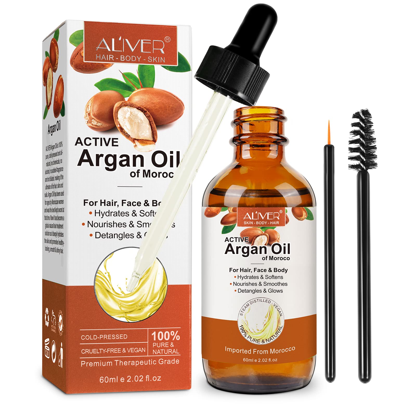 60mL Pure Argan Oil for Hair - 100% Pure Natural Cold Pressed Organic Argan Oil, Hair & Skin Care - Vegan, Cruelty Free Argon Oil for Split Ends, Frizz, Dry Skin