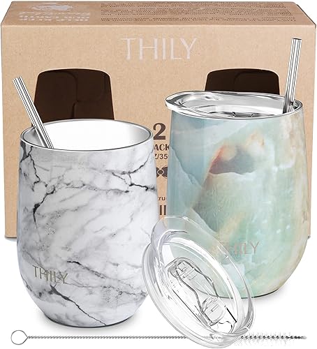 THILY Vaso de vino aislado al vacío de acero inoxidable de 12 onzas con tapa y pajilla, mantiene el frío o caliente para café, cócteles, regalo de
