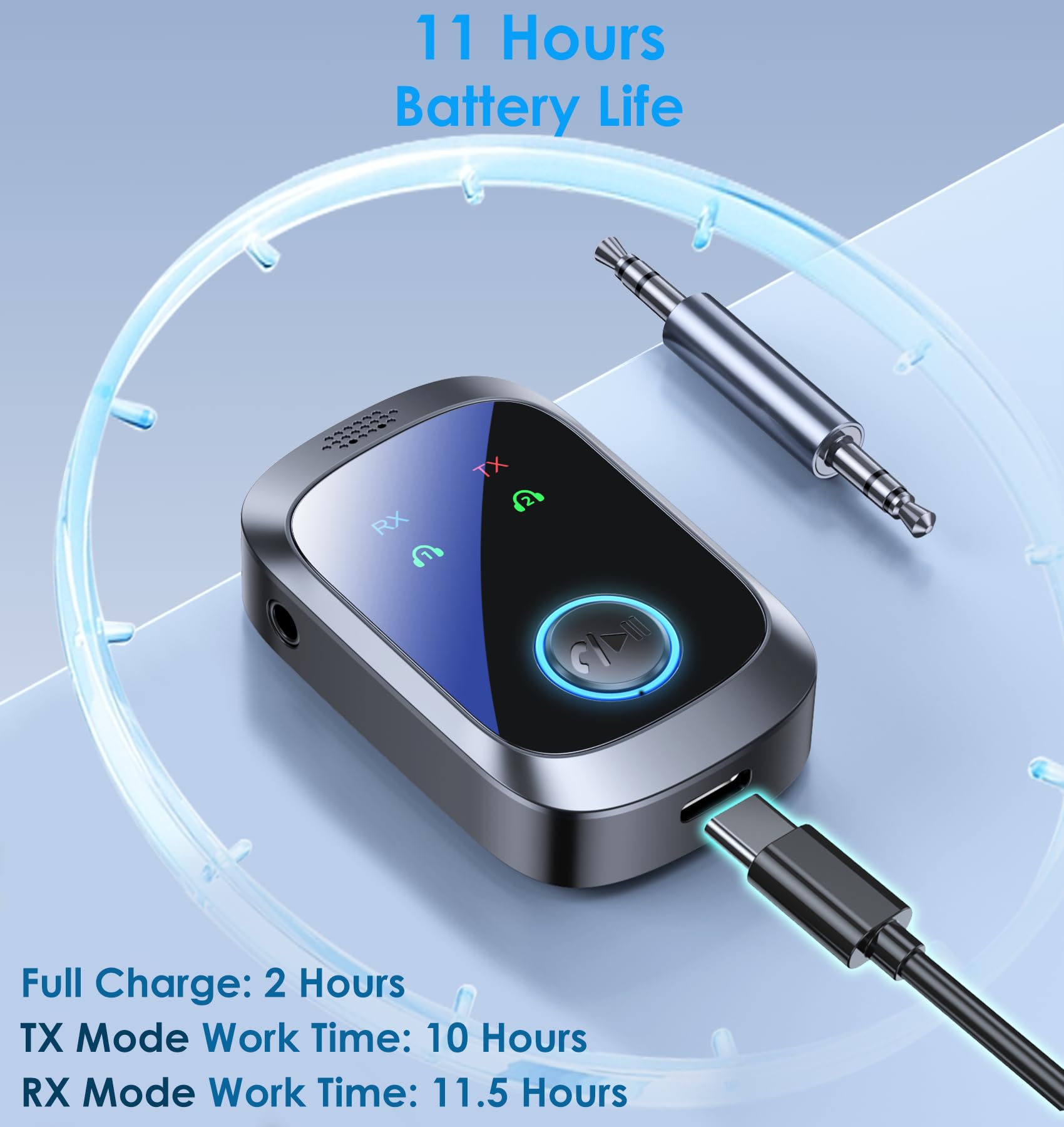 Adattatore Bluetooth per 2 cuffie AirPods o dispositivi BT, trasmettitore Bluetooth per TV Dual Link bassa latenza, ricevitore adattatore AUX wireless per altoparlanti/autoradio, ricevitore