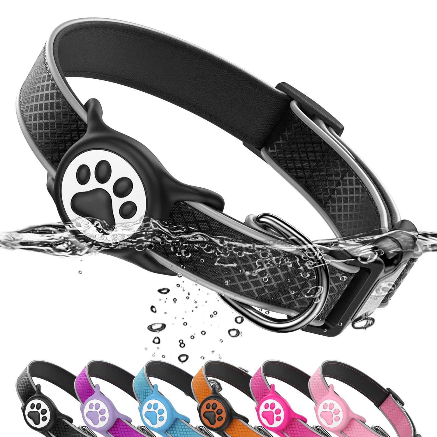 Airtag Dog Collar, IPX8 Waterproof Air Tag Dog Collar Holder | Reflective Ultra-Durable | Soft Padded | Safety Locking Buckle | Fit Miedium Dogs (Black M(12.6"-19.6"))
