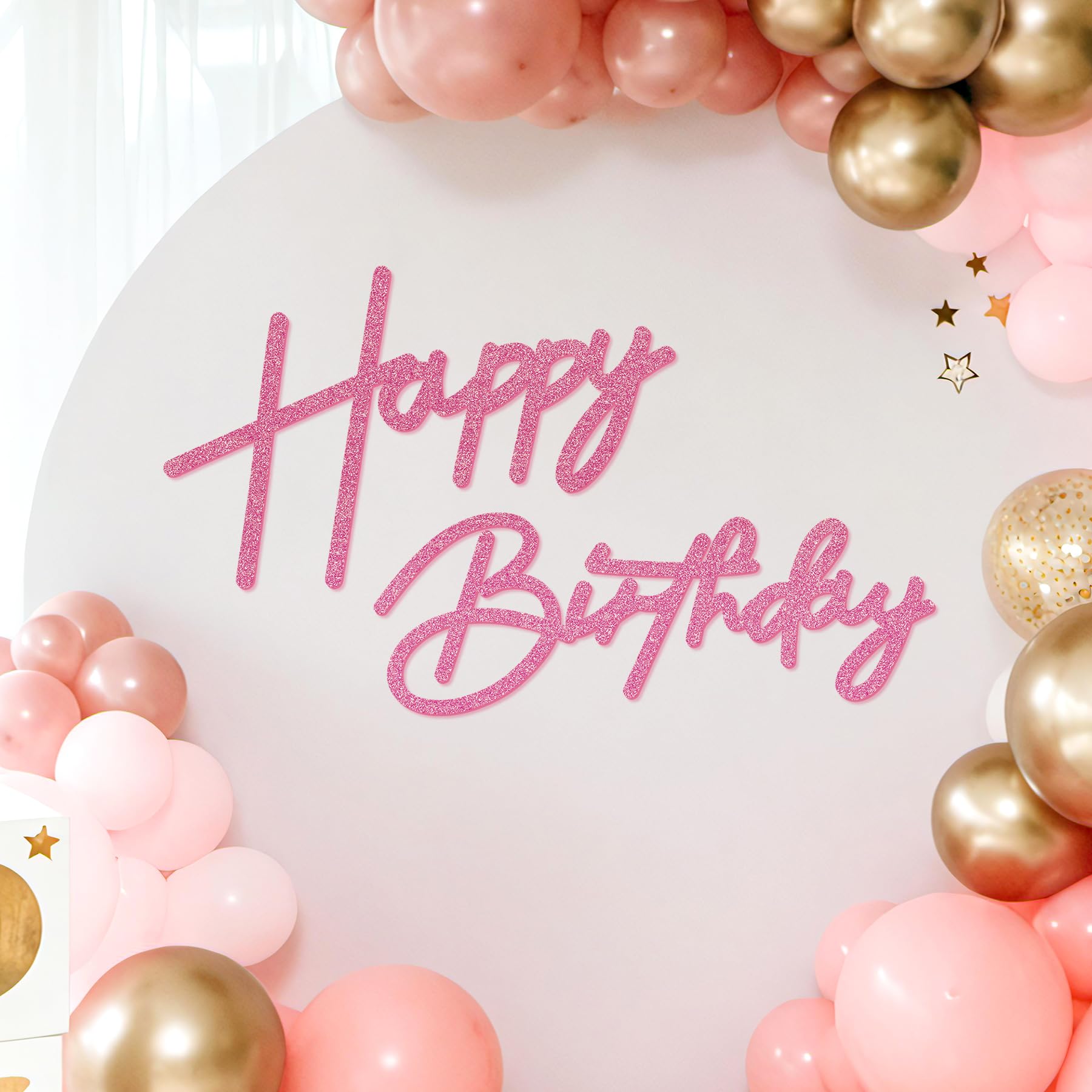 Pink Felt Happy Birthday Sign, Reusable Glitter Felt Sign with Double-Sided Tape for Backdrop, Balloon Arch Decor, Sparkly Bunting for Kids Girls Boys Adults Baby Shower Party Supplies