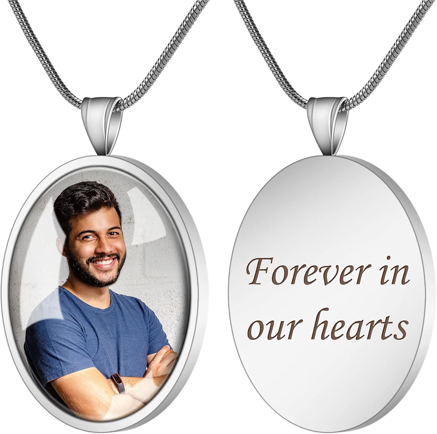 Bivei Personalized Photo Urn Necklace, Custom Engraving Cremation Ash Jewelry for Human Ashes, Memorial Keepsake Necklace Gift for Women & Men (Silver-Oval)