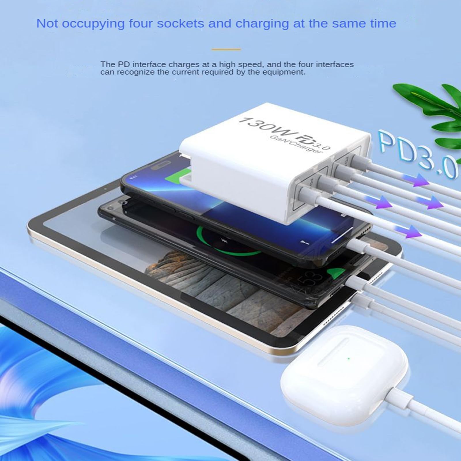 Chargeur 130W Charge Rapide Qc tête de Charge Rapide Quatre Ports chargeant simultanément Le Courant de Dispositif Correspondant Intelligent