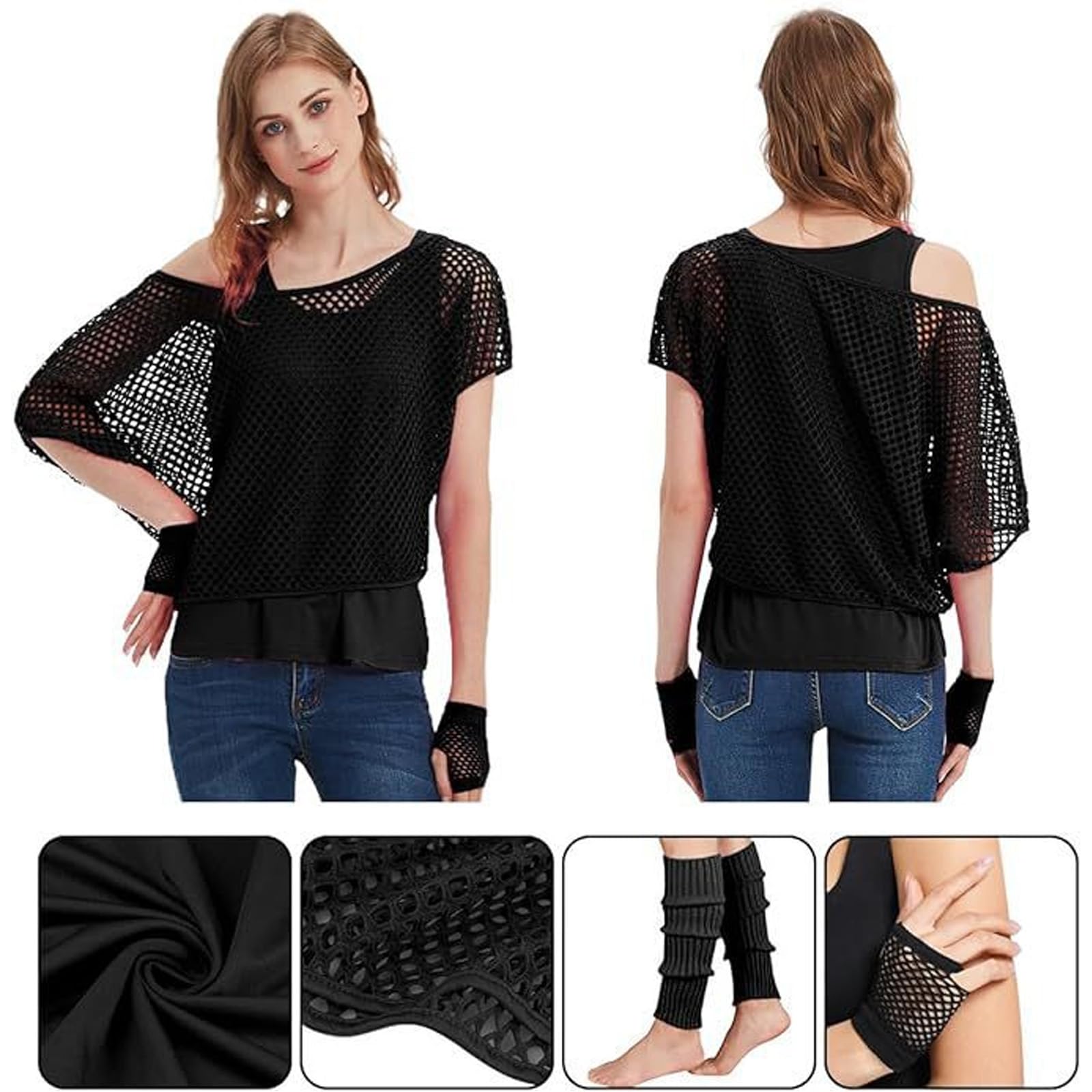 MUNSKT Women's Neon Outfit, 80s 90s Fishnet T-Shirt Sleeveless Top with Gloves Leg Warmers - Image 4