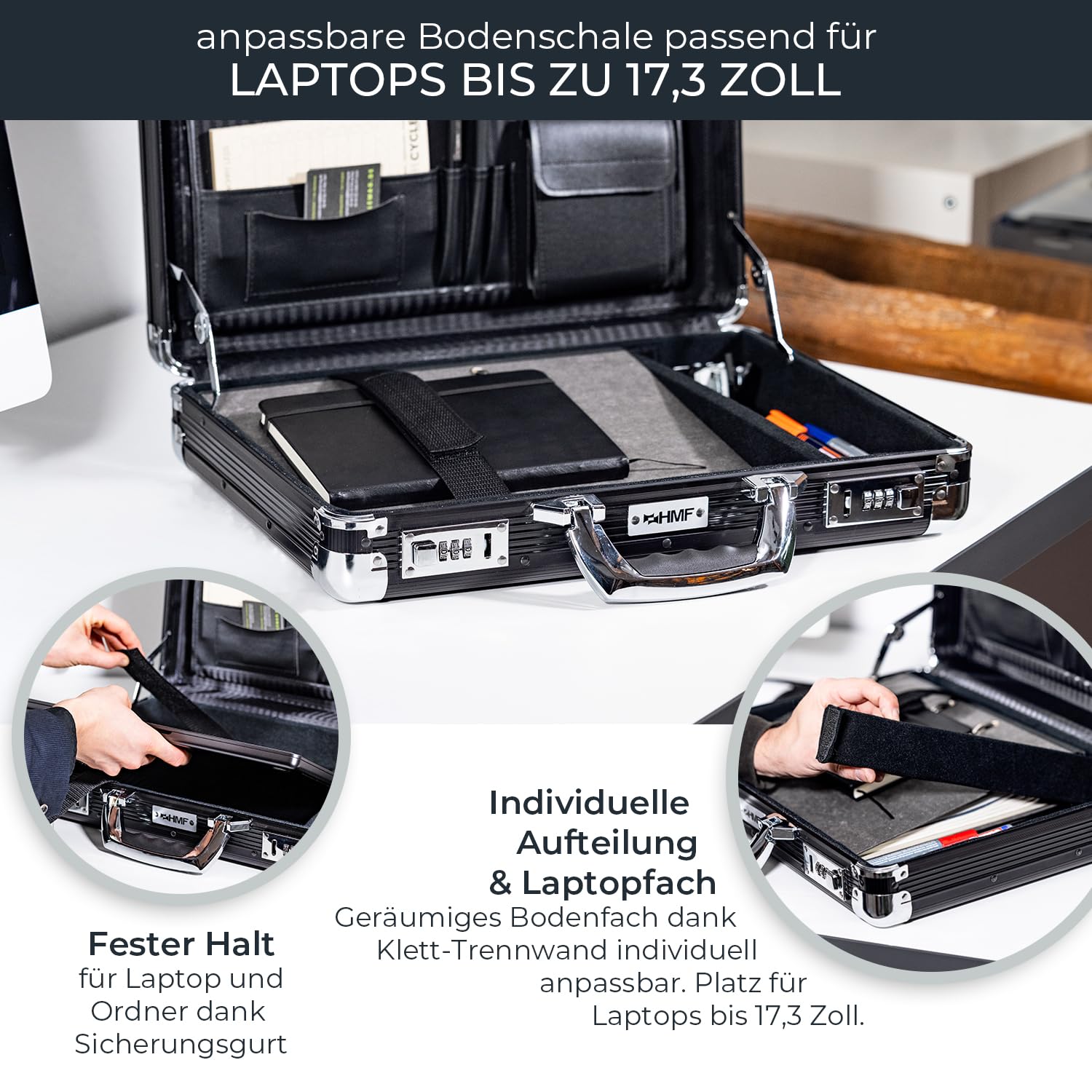 HMF Alu Aktenkoffer für Laptop bis 17,3 Zoll, Businesskoffer Herren mit Zahlenschloss, gepolstertem Laptopfach und Organizer im Deckel | 45 x 33 x 11 cm | Schwarz