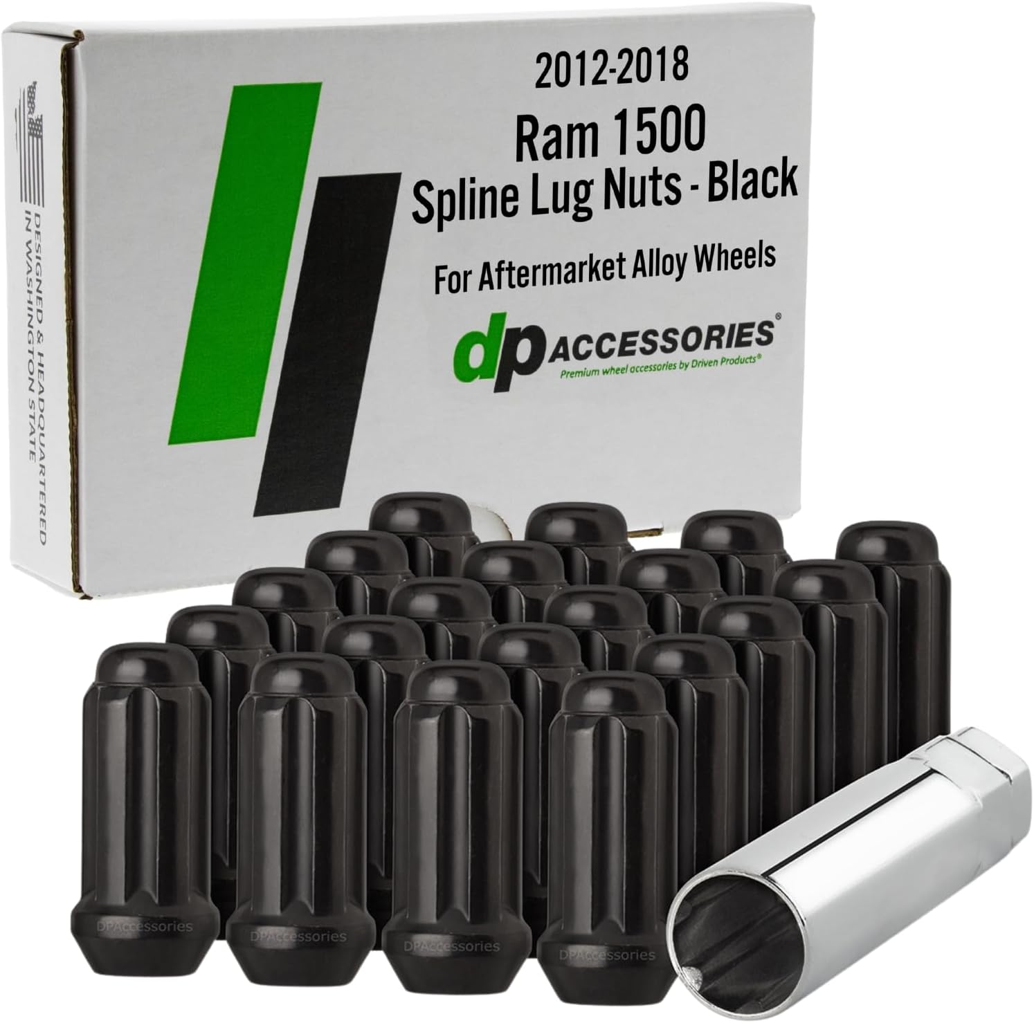 DPAccessories Lug Nuts Compatible with 2012-2018 Ram 1500 | Chrome Spline Style | Aftermarket Aluminum Wheels Only | Set of 20 Wheel Nuts & 1 Tool | DR151A-CH/020