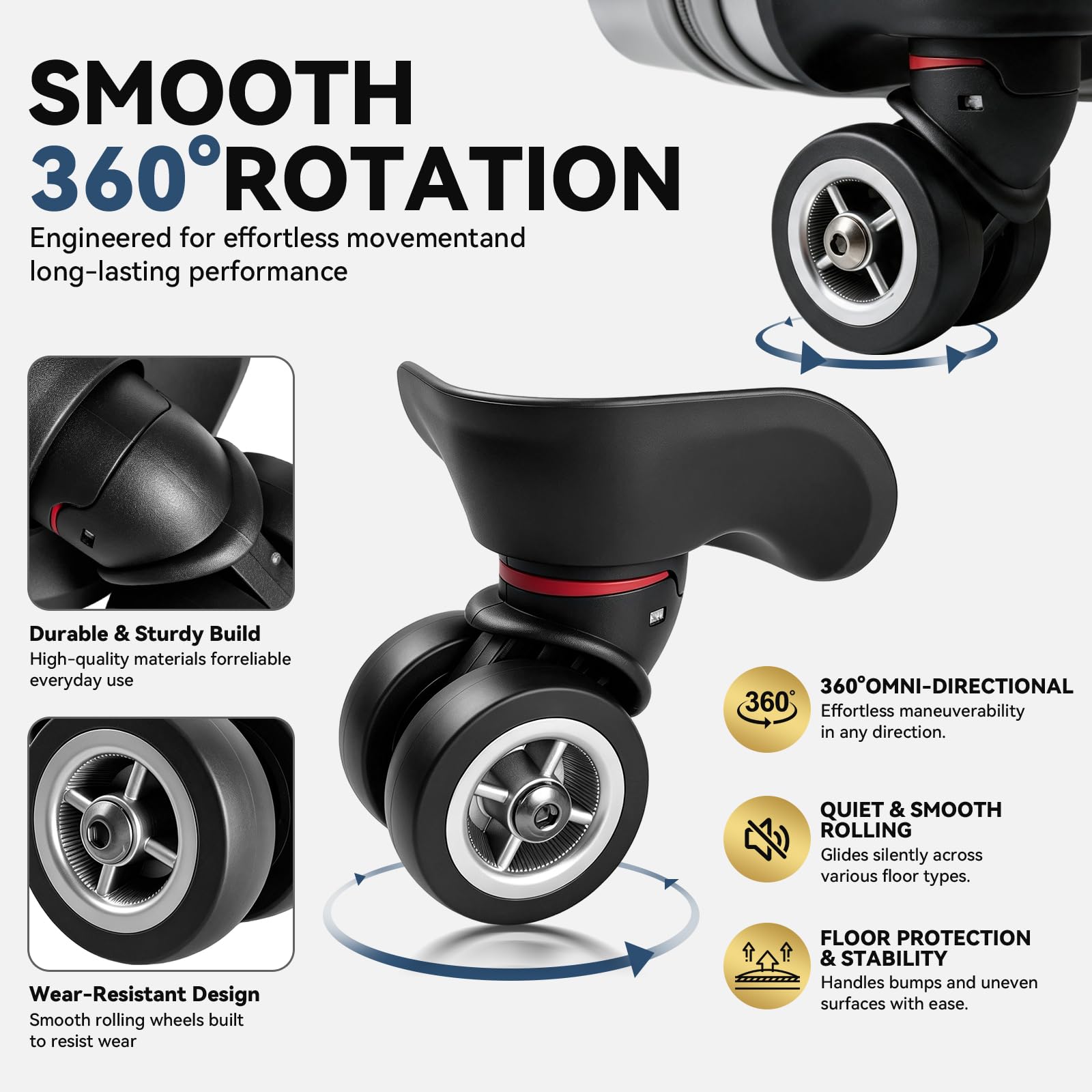 Ruote di ricambio per bagagli, confezione da 2, rotazione a 360°, 4 fori, riparazione valigia, Wheel002-L, Ruote Duel Spinner | Kit di ricambio per ruote per bagagli, con viti, ruote girevoli a 360° a doppia fila per valigia, carrello e borse da viaggio