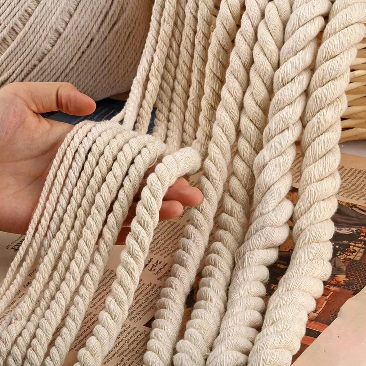 Kategoria: Bawełniane skręcone liny Sznurek 3-żyłowy skręcany, 100% bawełniany, do samodzielnego szycia, wielokolorowy, 2-20 mm x 2-25 m(Beige7mmx10m)