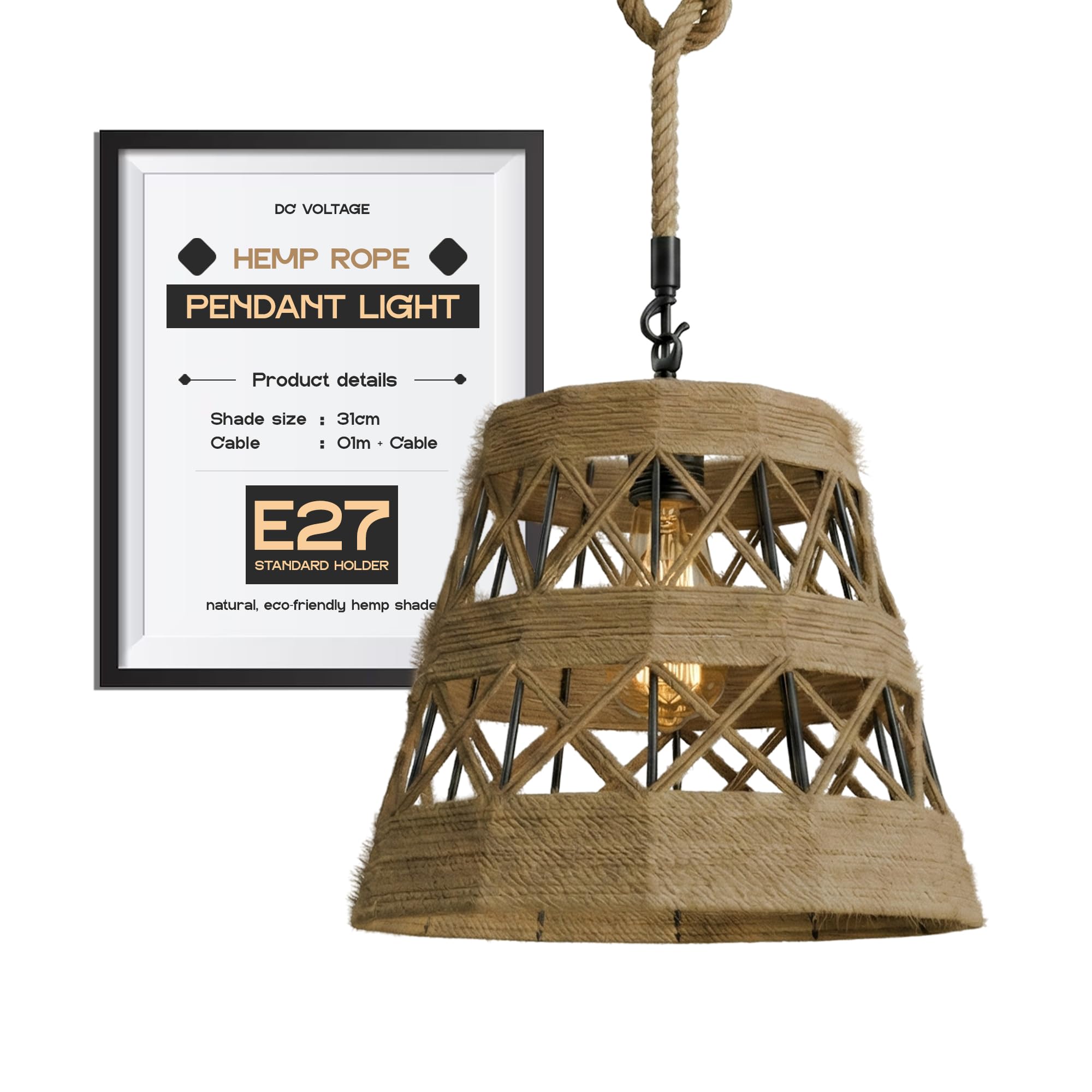 Dc Voltage Style 4 Metal & Rope Pendant Light Shade 31Cm Retro Black Light Shade With 1M Jute Rope Lamp Ceiling Rattan Lampshade, Pendant Lampshades For Ceiling Lights, Living Rooms, Kitchen, Bedroom, Hallways
