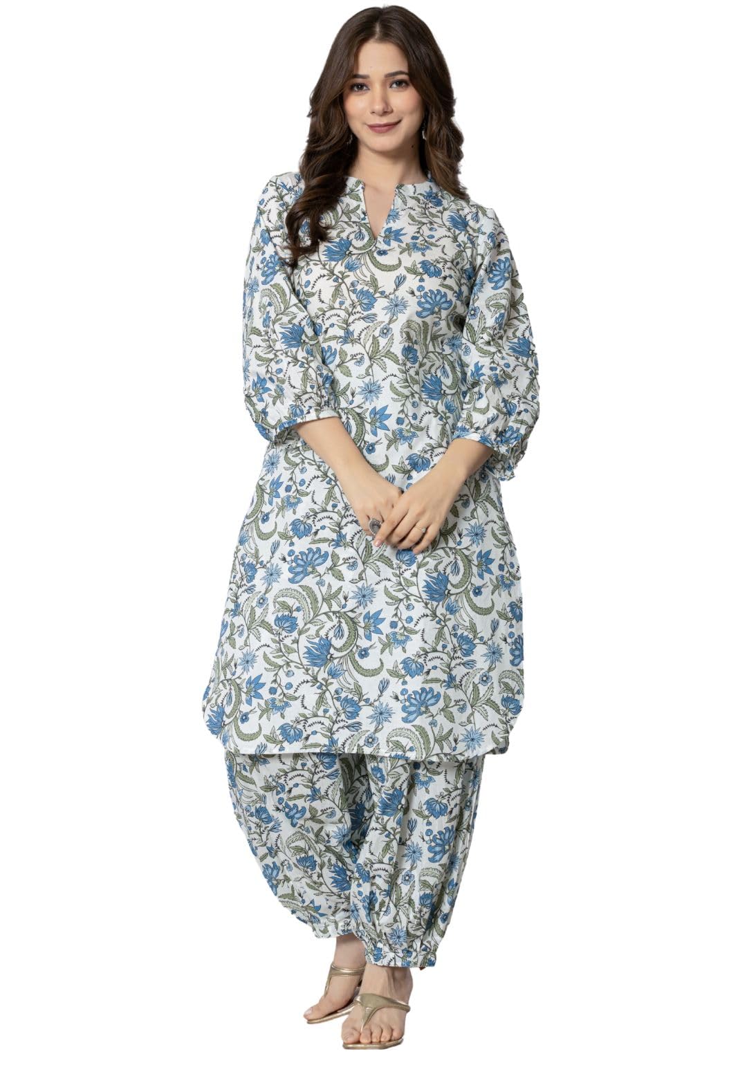 Rytras Women's Pure Cotton Printed Straight Kurta Set With Palazzo Pants - Ethnic Wear, Blue(Ryt592-N,M)