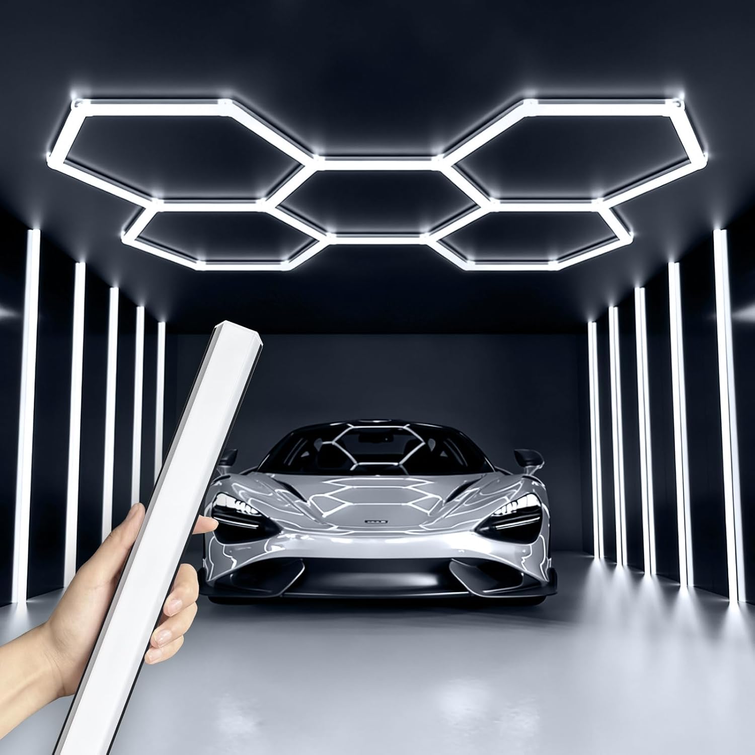 Updated Bigger Size 5 Grid Hexagon Garage LED Lights with Widen 1.33IN Illuminated Surface, 25 Pack, 26400LM Led Lights System for Garage, Basement,Warehouse (Black Edge)Patent No.US0D1109406S