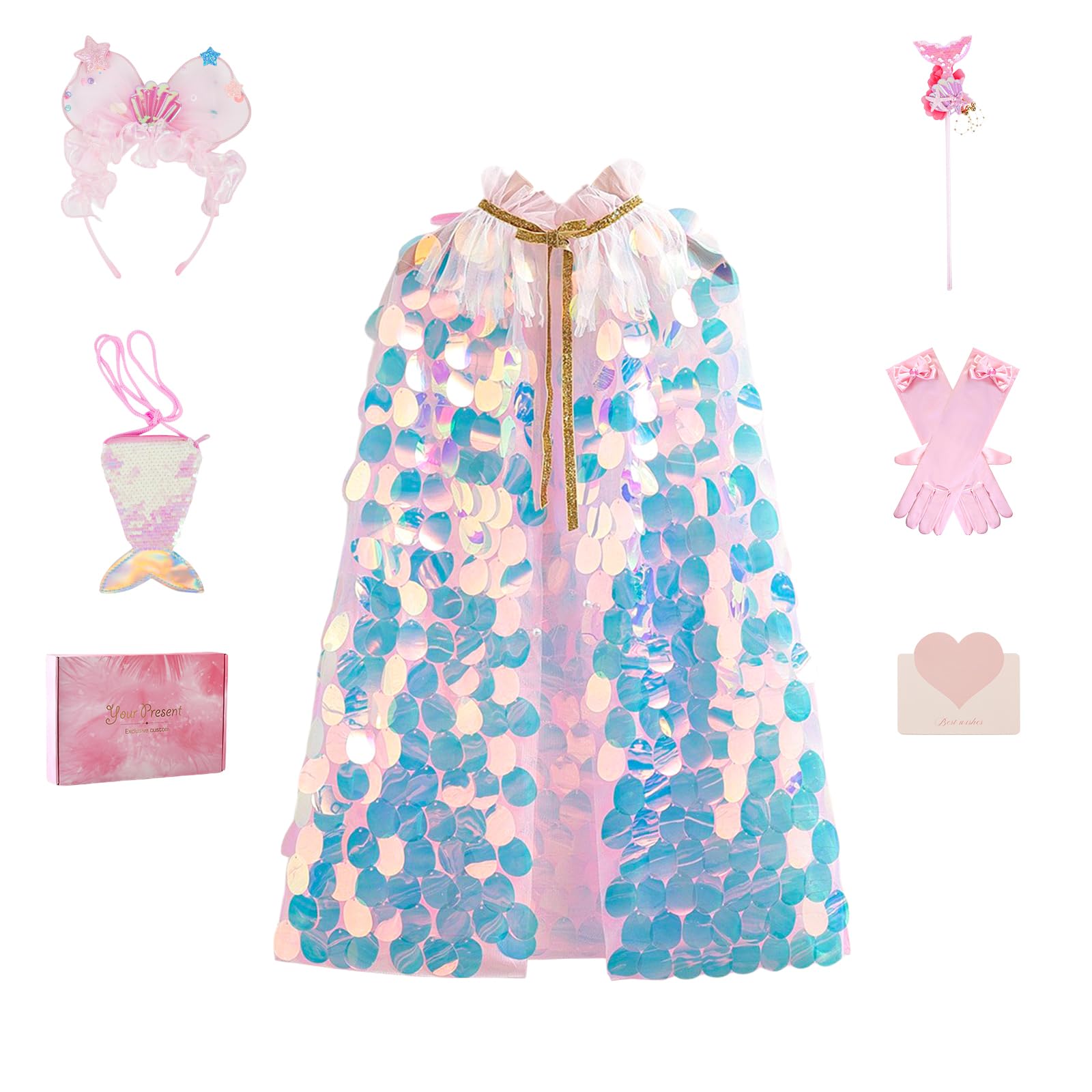 YOOCHUENG Sequin Cape Set for Girls 3-8 Years,Colorful Princess Costumes Shiny Cloak Fancy Dress Up with Accessories for Role Play Birthday Halloween Party Large Oval Sequins