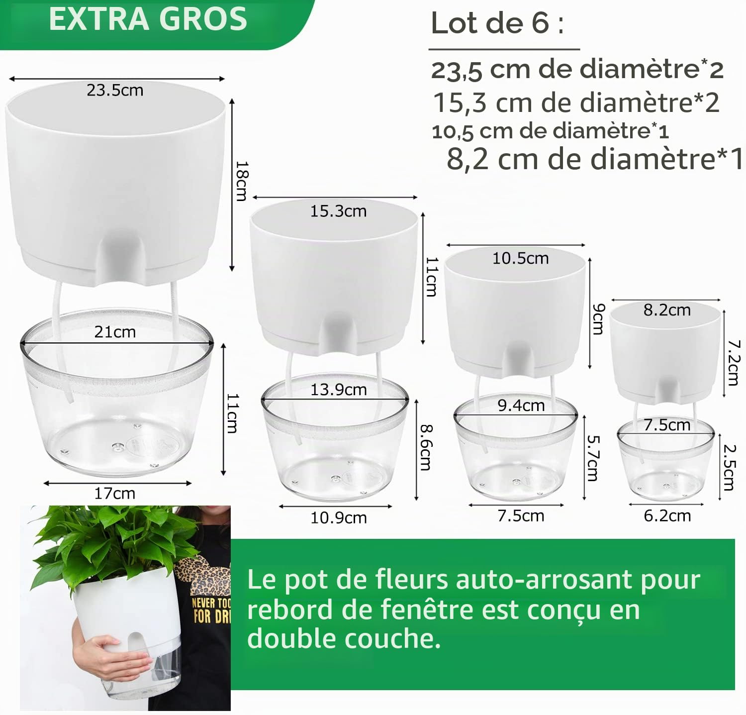 iDattel Pot de Fleurs avec Système d'Arrosage, Ensemble de Pots à Herbes pour Cuisine, Fenêtre Auto-Arrosant - Lot de 6 Pots de Jardin pour Herbes de Cuisine, 23,5/15,3/10,5/8,2 cm, pour Herbes