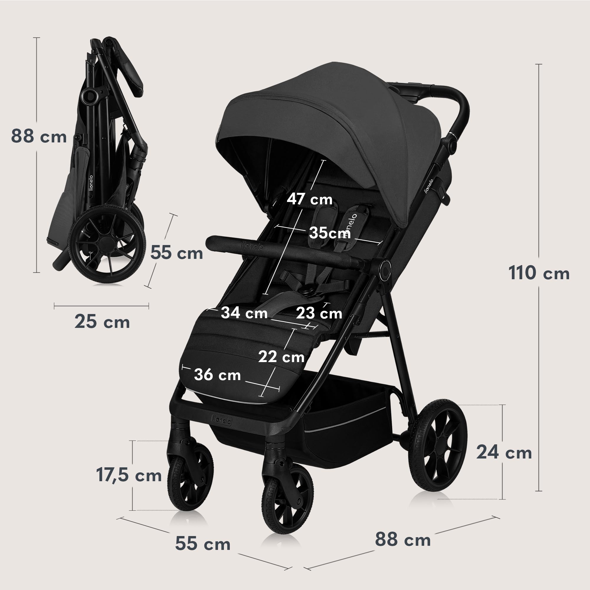 LIONELO MIRA Buggy bis zu 22 kg von 6 Monaten bis 4 Jahren Schwenkbare 360° Räder Volle Stoßdämpfung Verstellbare Rückenlehne und höhenverstellbares Verdeck XXL UPF50+ Großer Korb bis zu 3 kg | Schwenkbare 360° Räder Volle Stoßdämpfung Verstellbare Rücken