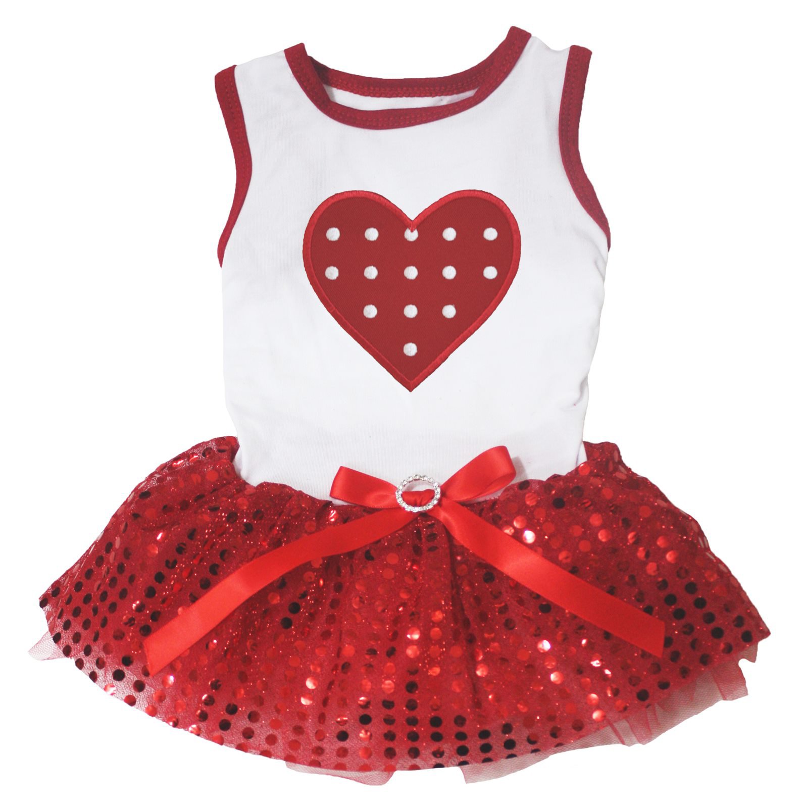Petitebelle Red Polka Dots Heart Puppy Dog Dress (White/Red Sequins, Large) — image 1