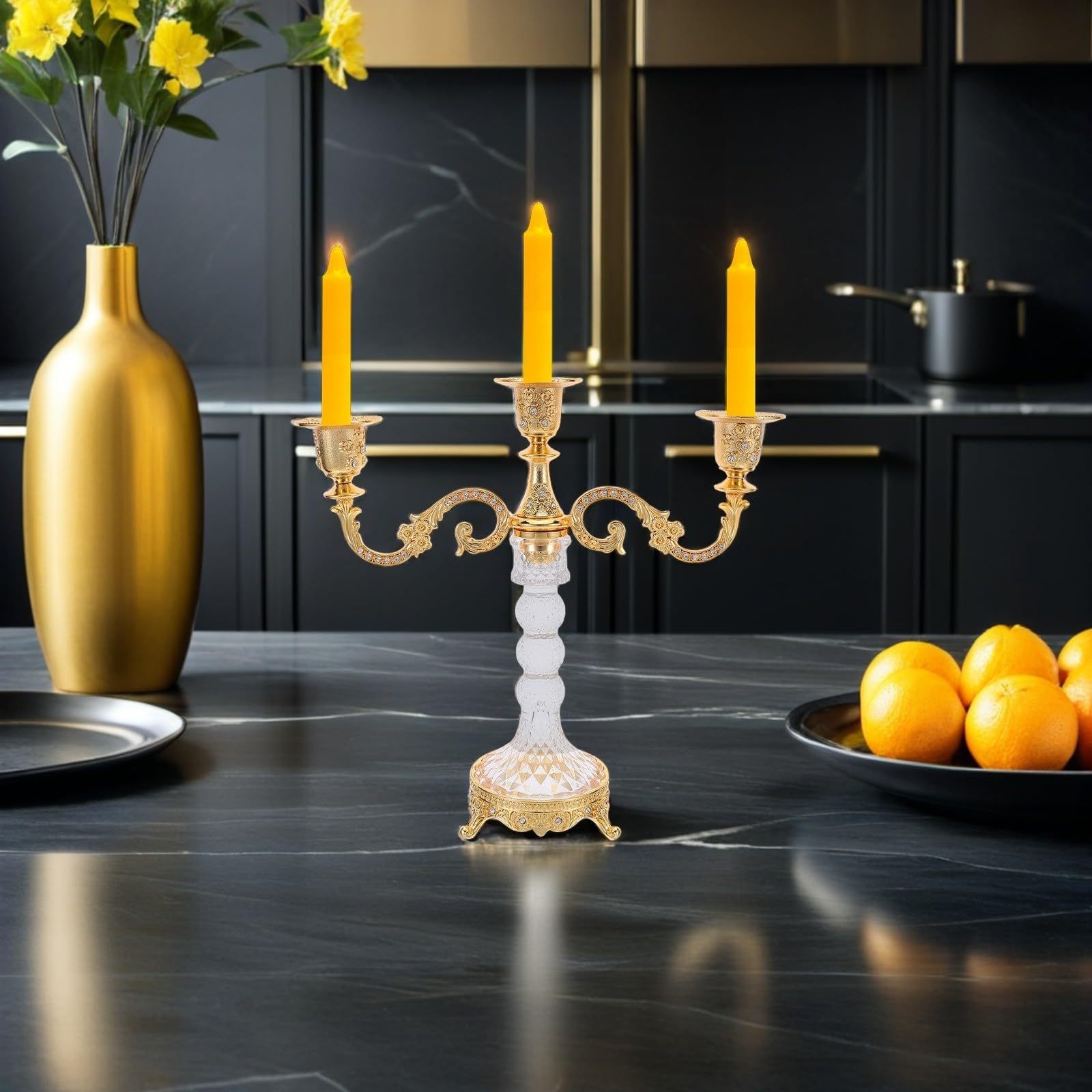Cabilock Goldener aus Aluminiumlegierung und Glas 3 Armiger Kandelaber mit Romantischem Kerzenlicht zur Thanksgiving und Weihnachtsfeier für Festliche Tischdekoration