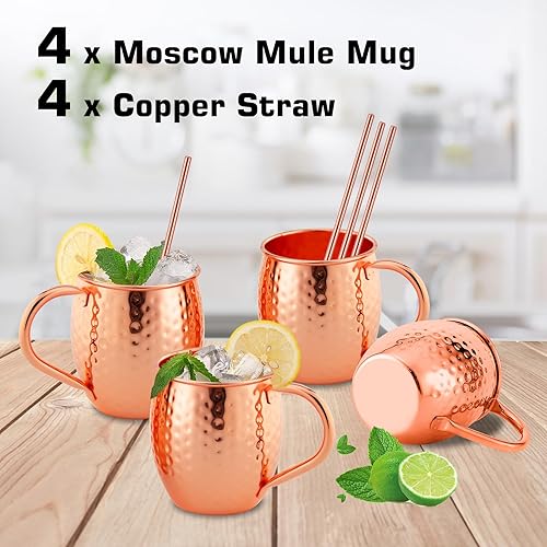 Miniatura 2 de HRHongRui Moscow Mule - Juego de 4 tazas (19 onzas) auténticas tazas de cobre hechas a mano seguras para alimentos con 4 pajitas de cobre