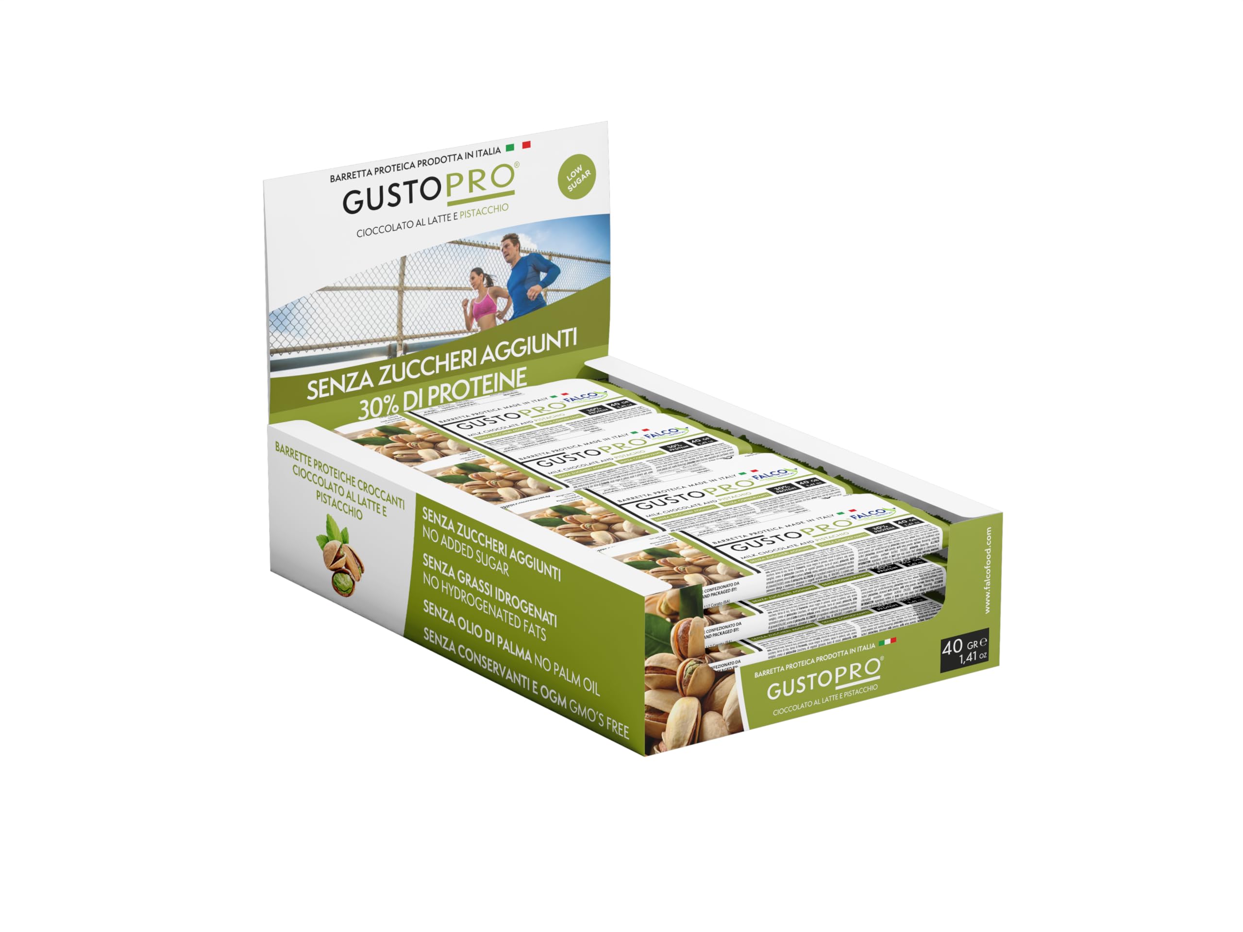 GUSTOPRO LATTE E PISTACCHIO – Barretta Proteica Senza Zucchero, Croccante, Puro Cioccolato al Latte e Pistacchio, 30% di Proteine Del Siero del Latte (Whey Protein) (24x40g)