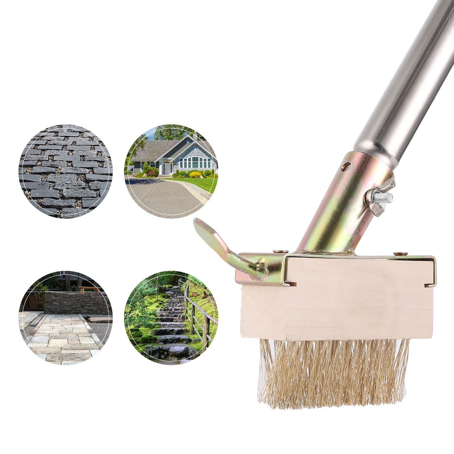 Brosse à mauvaises herbes à long manche pour nettoyer les terrasses, pavés et allées de terrasse avec poils métalliques coudés, grattoir à lame de 152,4 cm pour enlever l'accumulation de mousse (bleu)